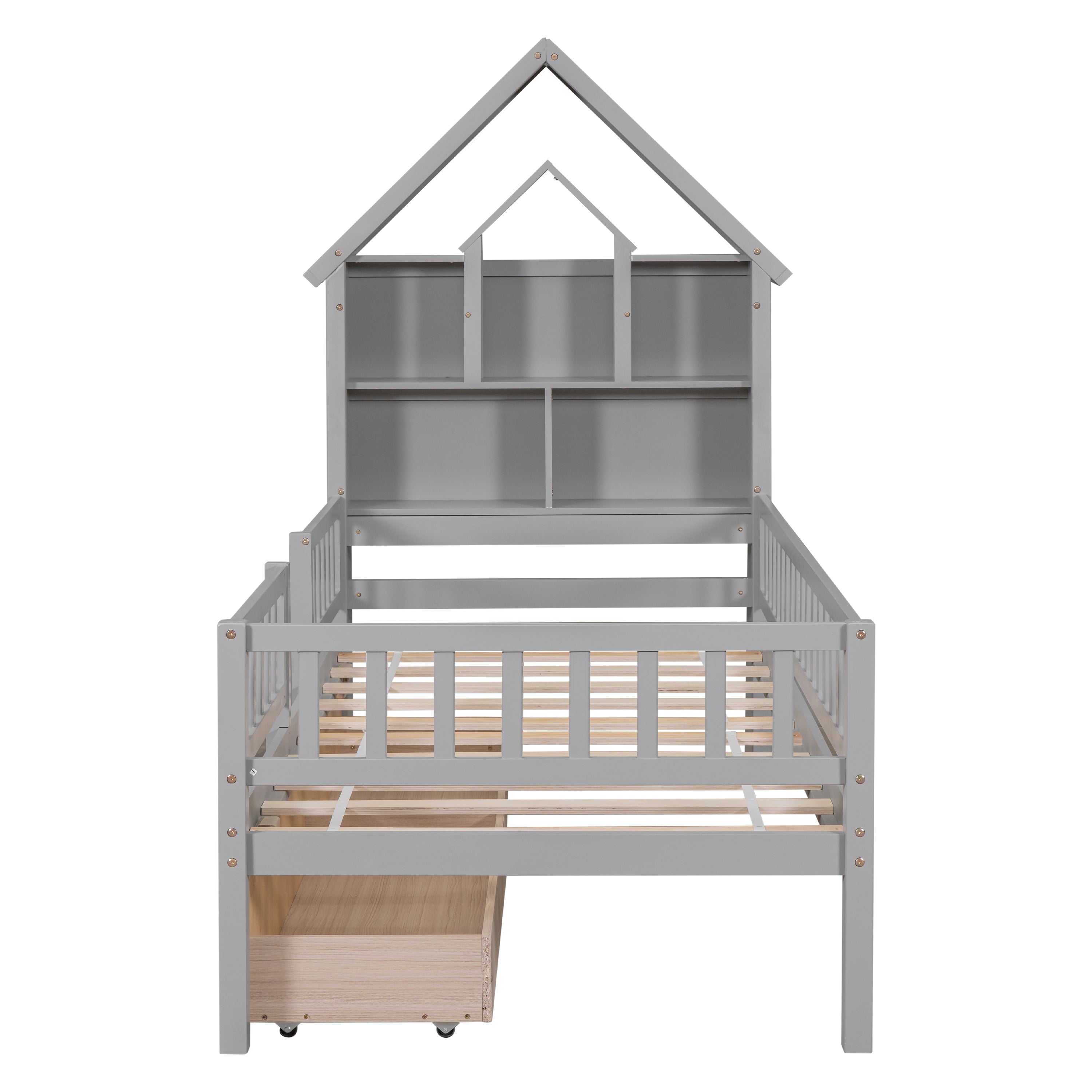 Twin Size House-Shaped Headboard Wood Frame Platform Bed with Fence Guardrails and Drawers