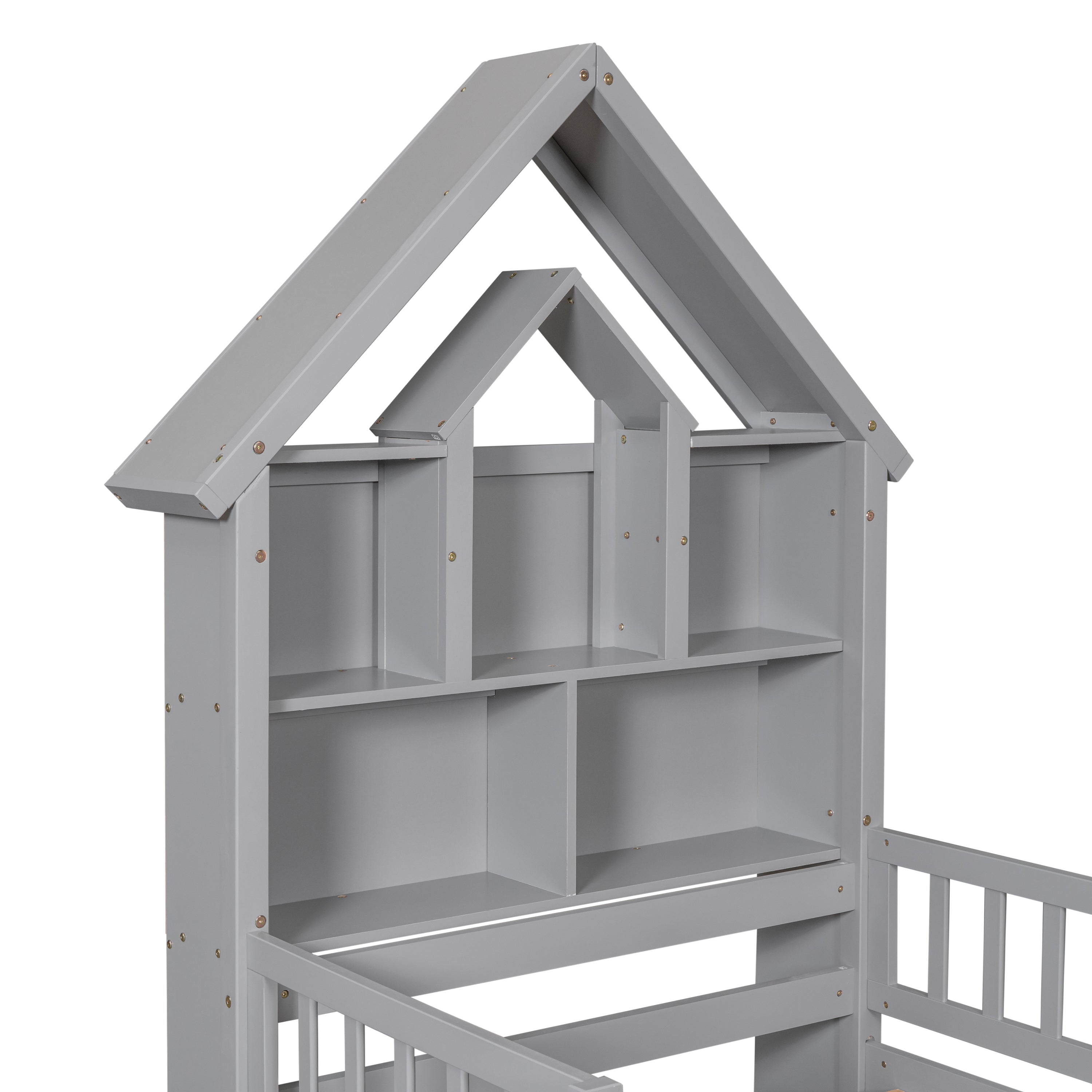 Twin Size House-Shaped Headboard Wood Frame Platform Bed with Fence Guardrails and Drawers