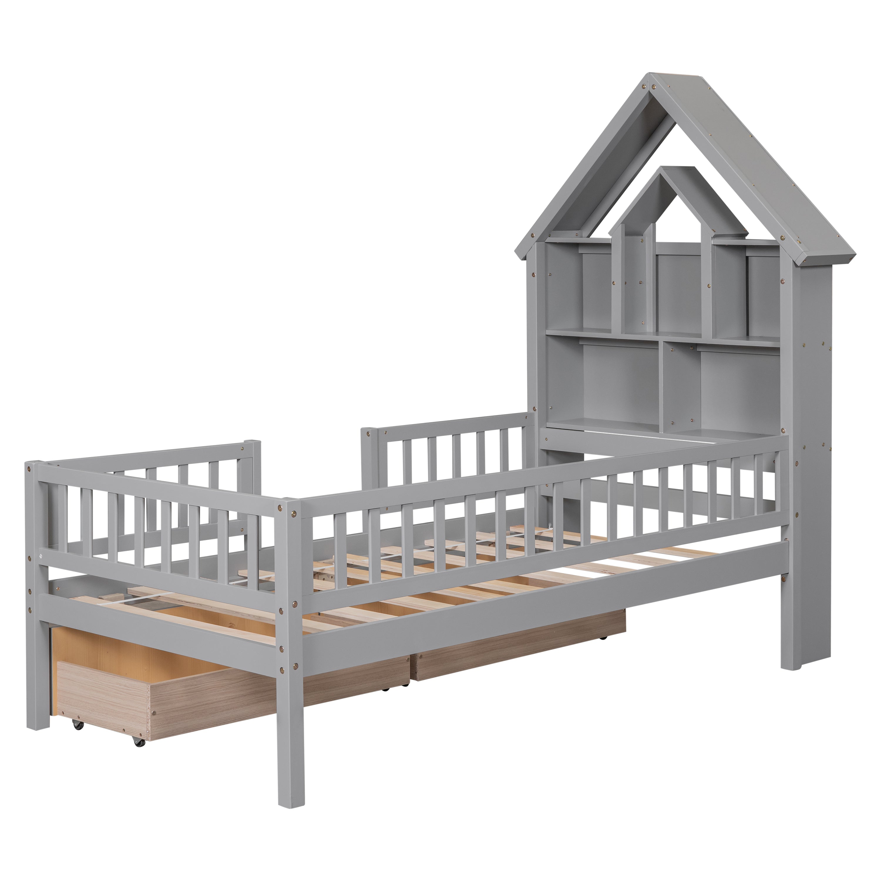 Twin Size House-Shaped Headboard Wood Frame Platform Bed with Fence Guardrails and Drawers