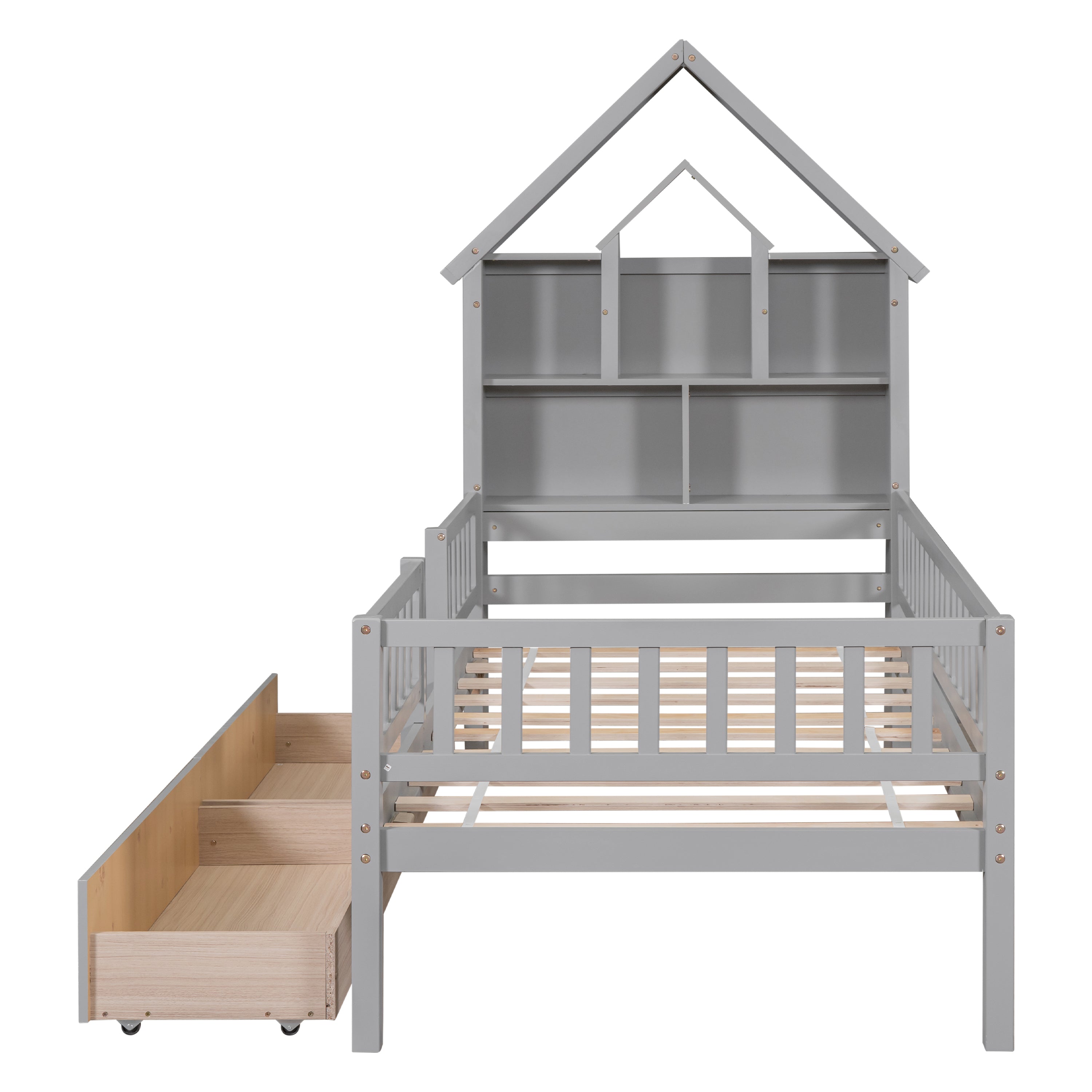Twin Size House-Shaped Headboard Wood Frame Platform Bed with Fence Guardrails and Drawers