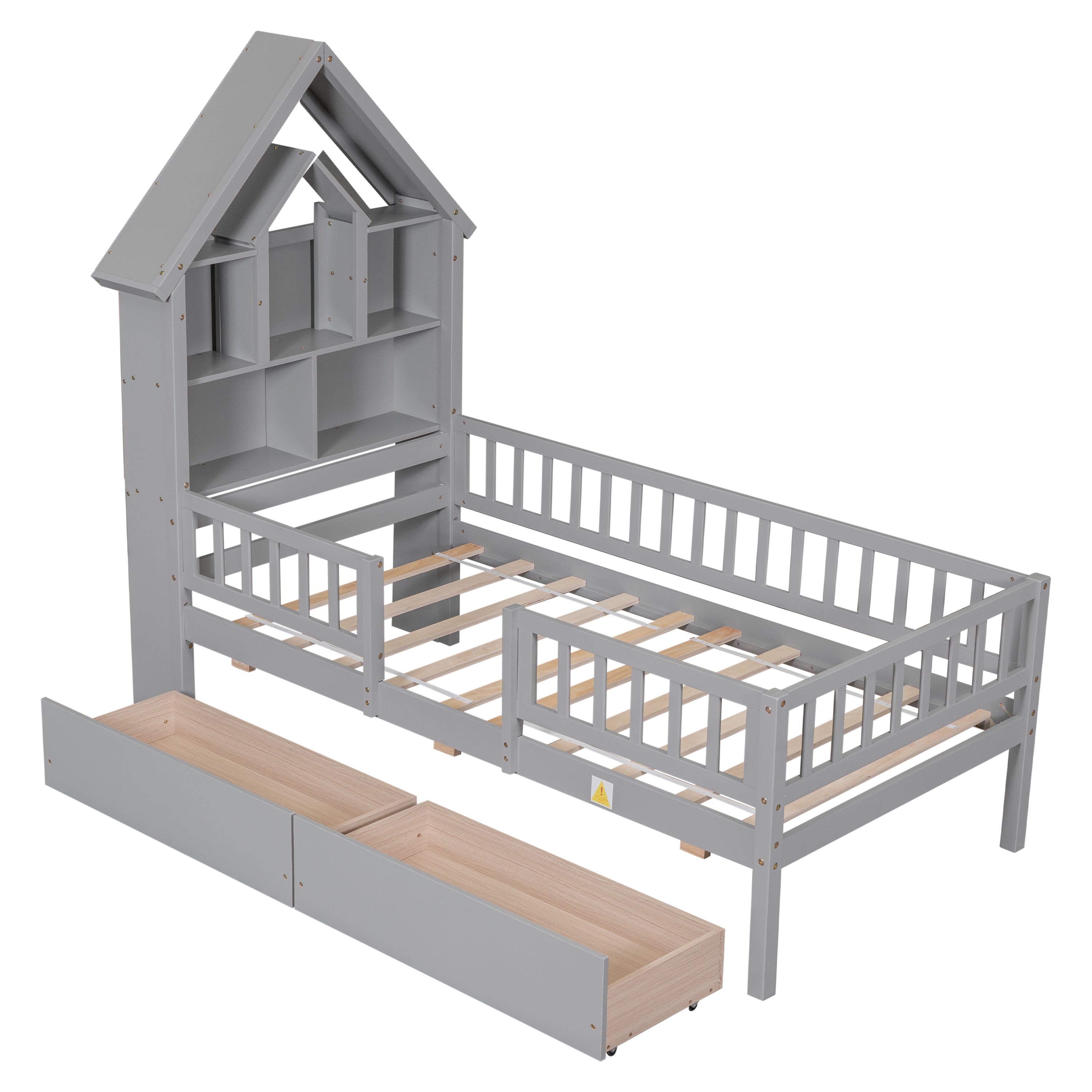 Twin Size House-Shaped Headboard Wood Frame Platform Bed with Fence Guardrails and Drawers