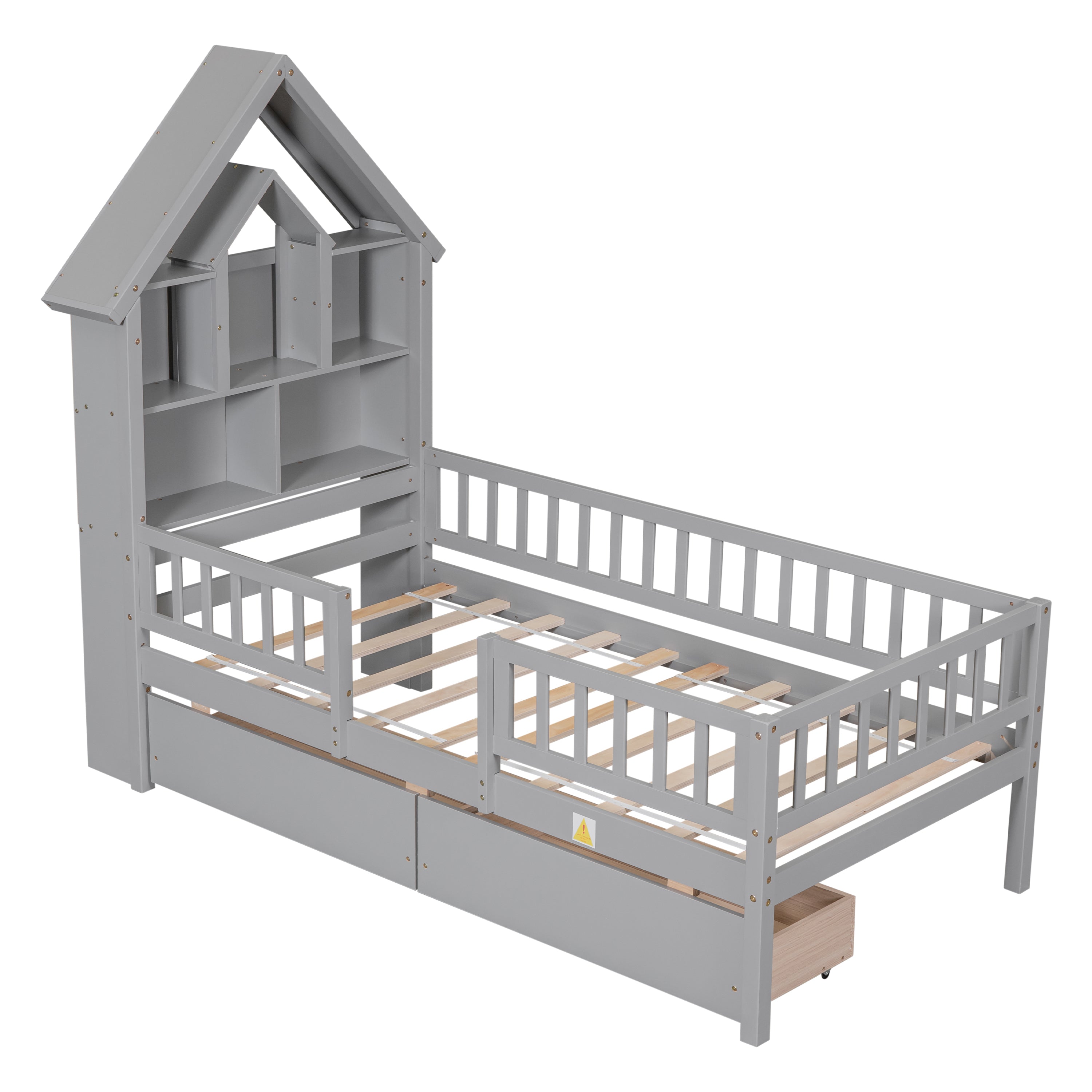 Twin Size House-Shaped Headboard Wood Frame Platform Bed with Fence Guardrails and Drawers