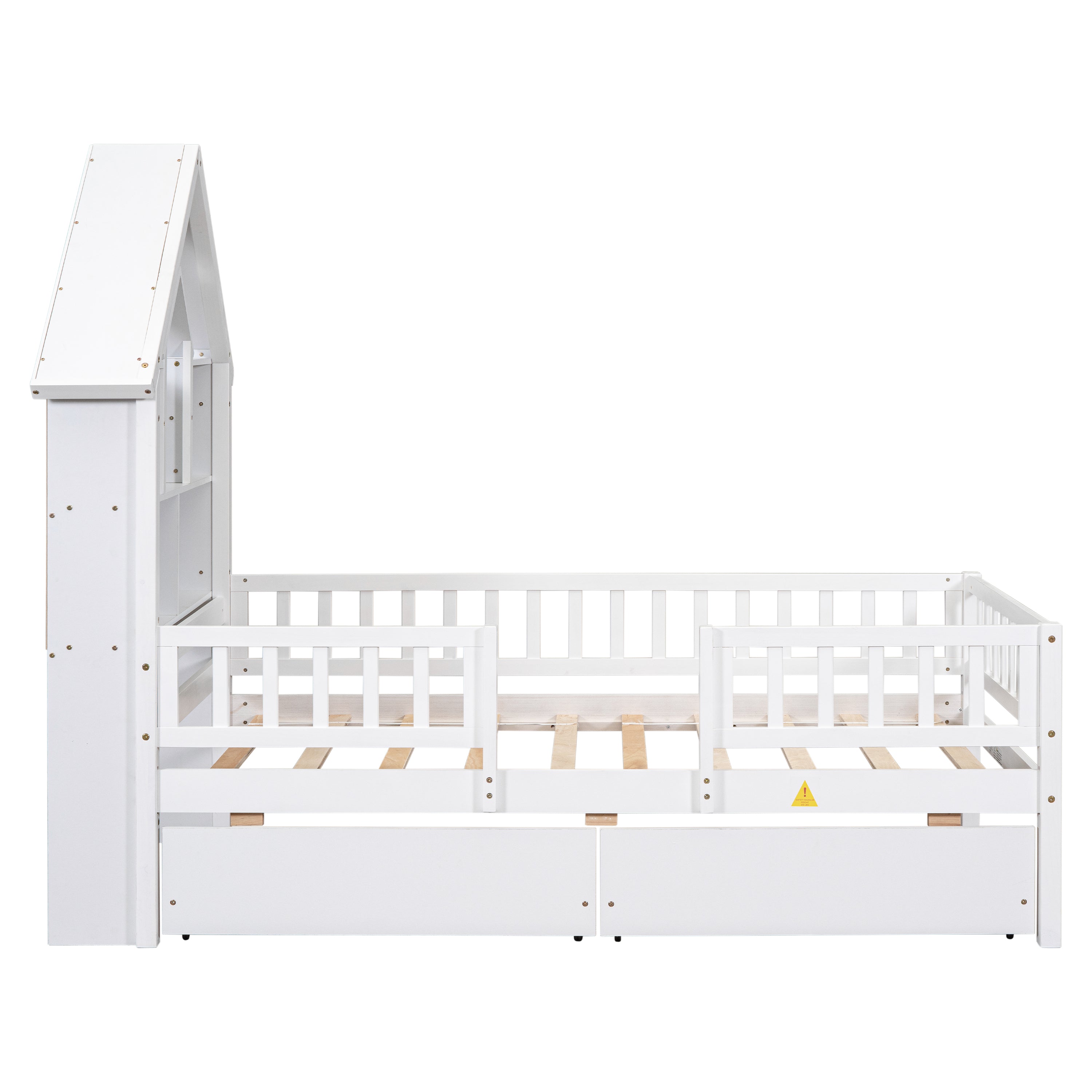 Twin Size House-Shaped Headboard Wood Frame Platform Bed with Fence Guardrails and Drawers
