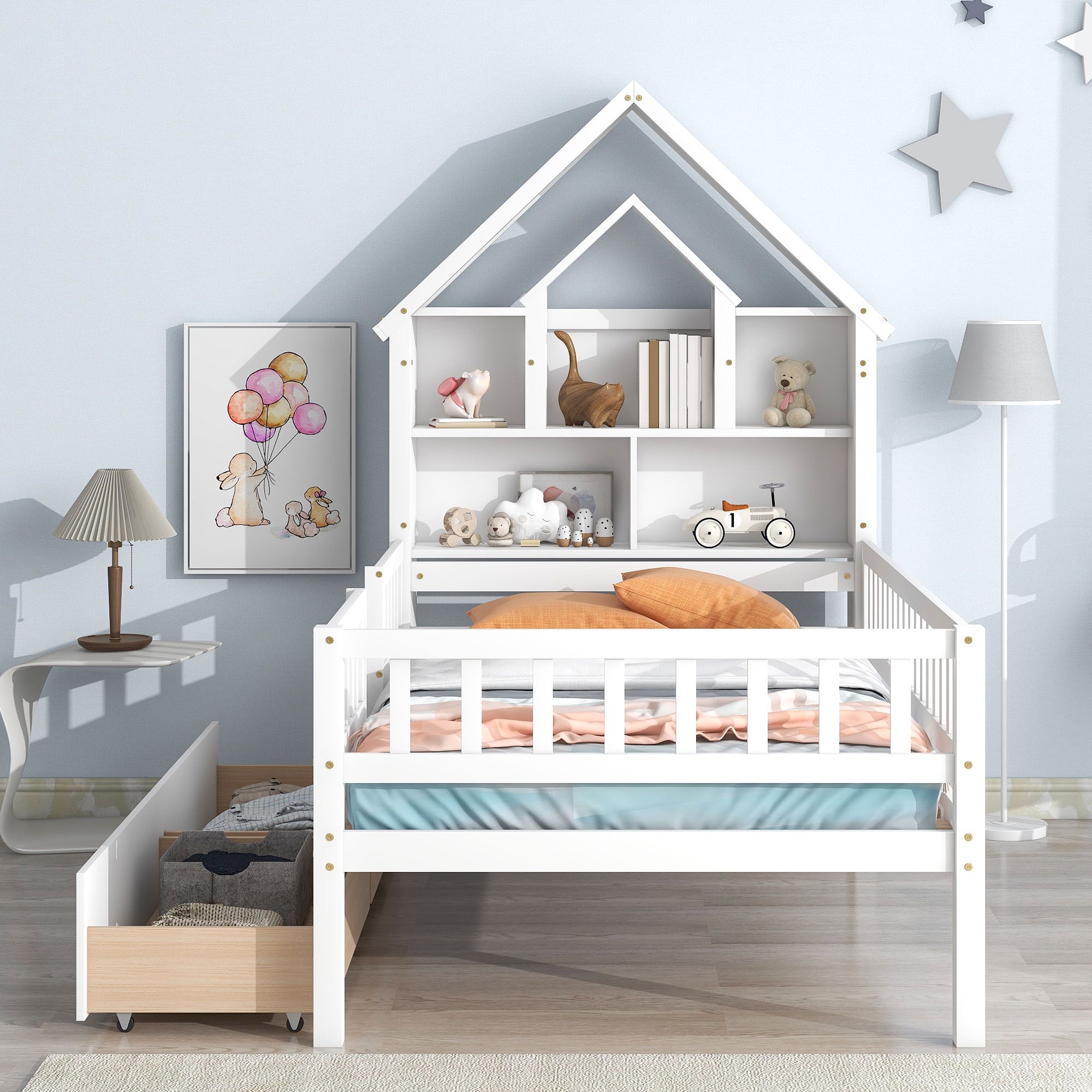 Twin Size House-Shaped Headboard Wood Frame Platform Bed with Fence Guardrails and Drawers
