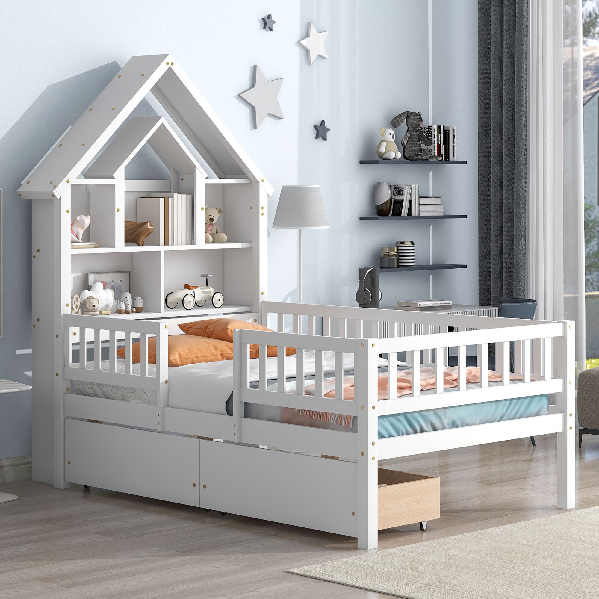 Twin Size House-Shaped Headboard Wood Frame Platform Bed with Fence Guardrails and Drawers