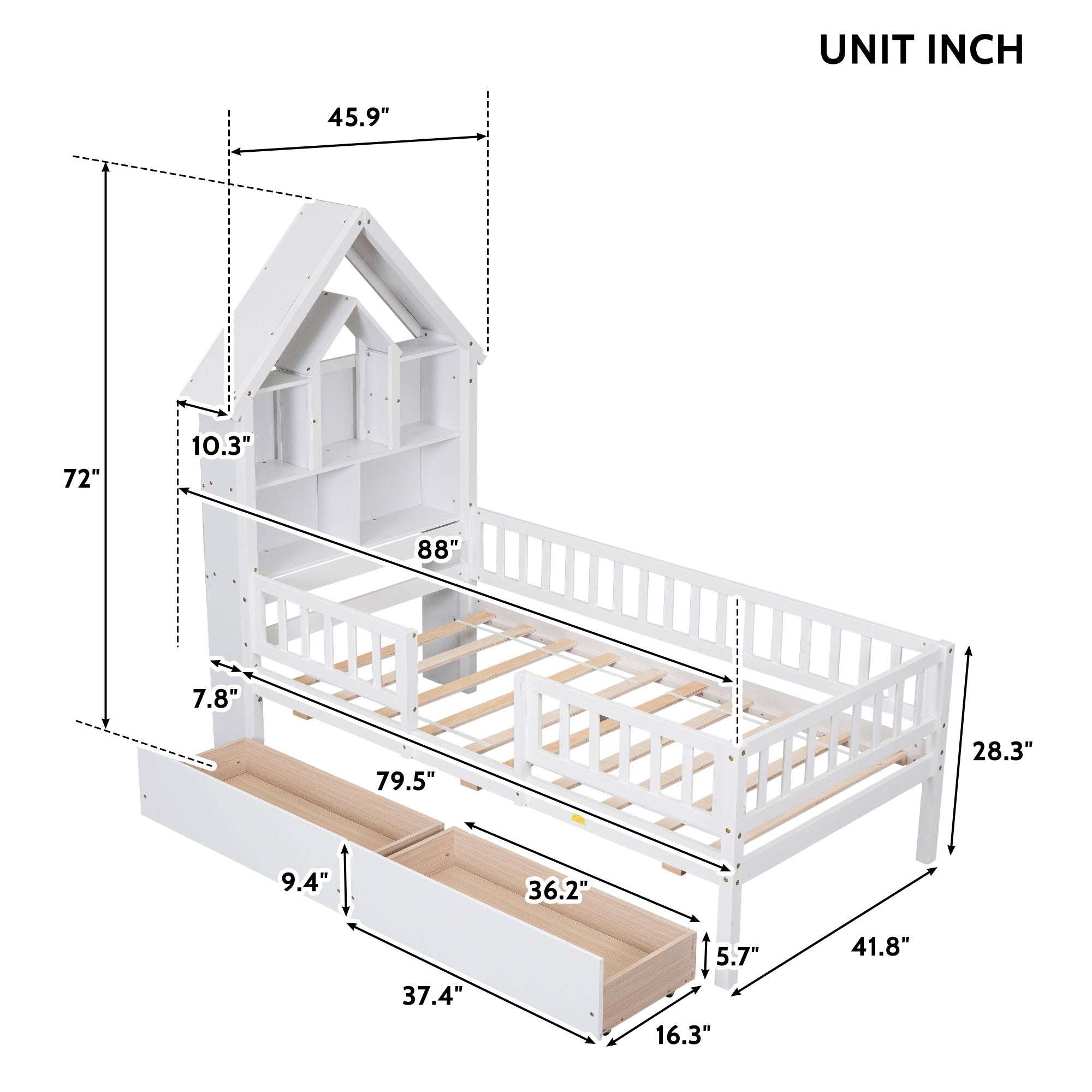 Twin Size House-Shaped Headboard Wood Frame Platform Bed with Fence Guardrails and Drawers