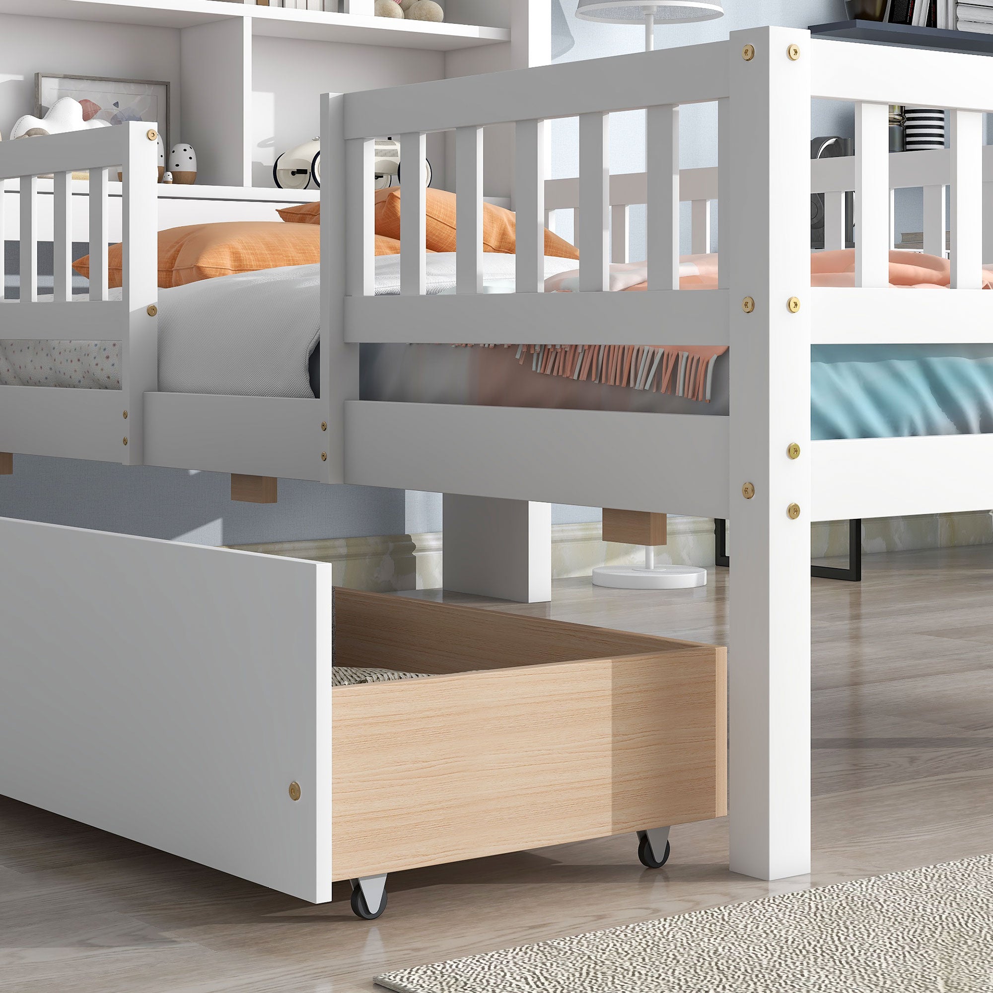 Twin Size House-Shaped Headboard Wood Frame Platform Bed with Fence Guardrails and Drawers