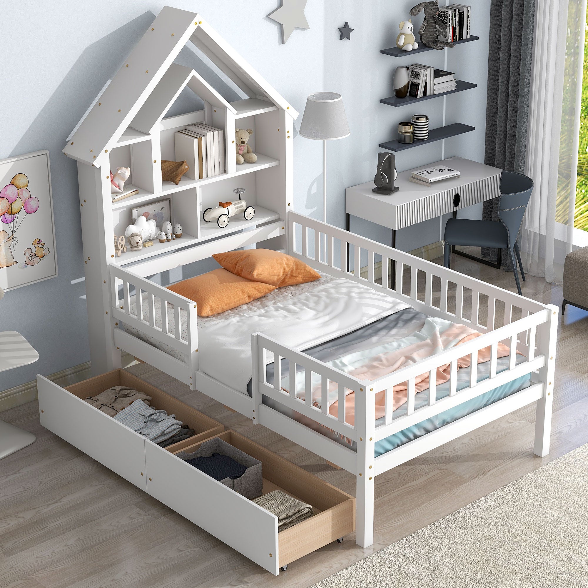 Twin Size House-Shaped Headboard Wood Frame Platform Bed with Fence Guardrails and Drawers