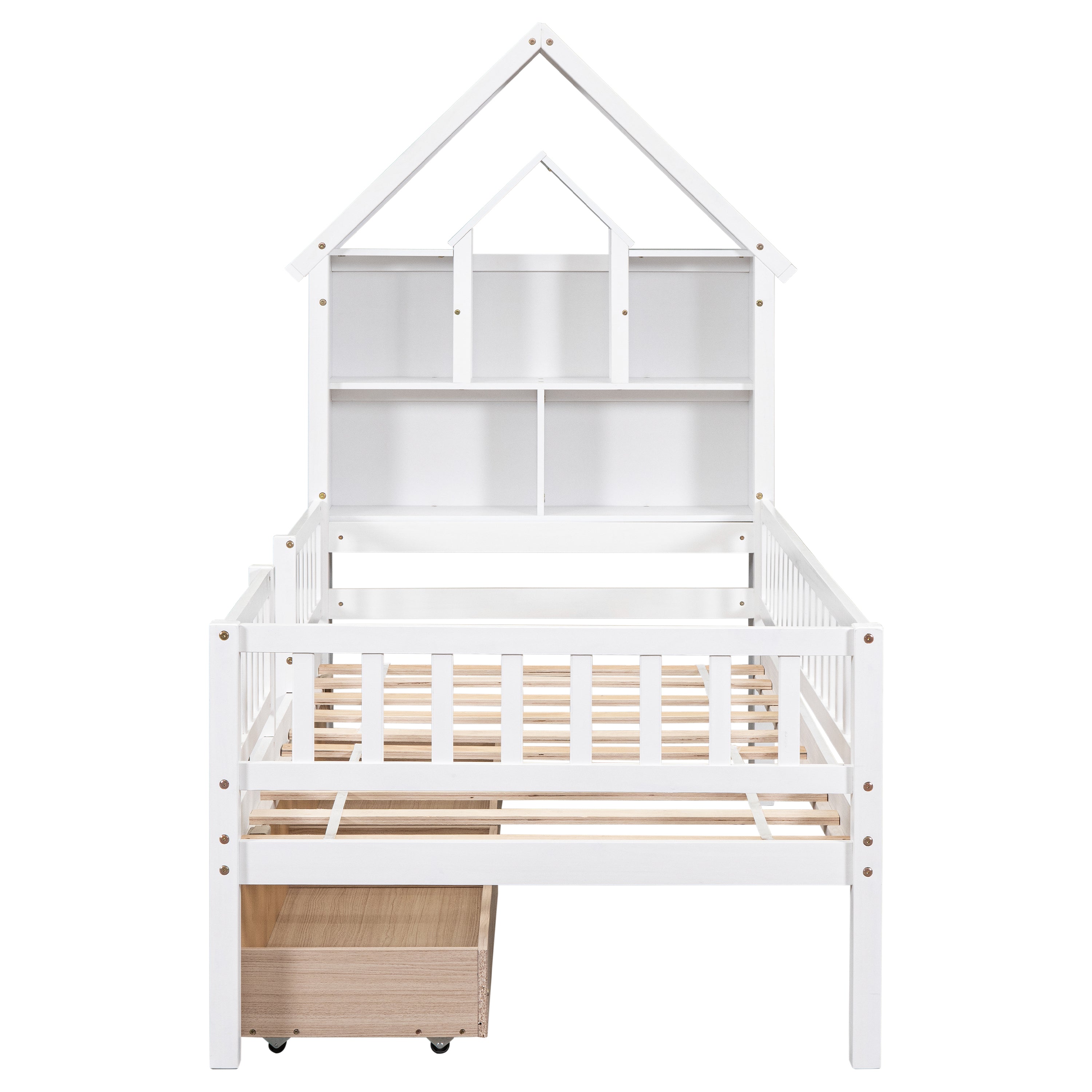 Twin Size House-Shaped Headboard Wood Frame Platform Bed with Fence Guardrails and Drawers