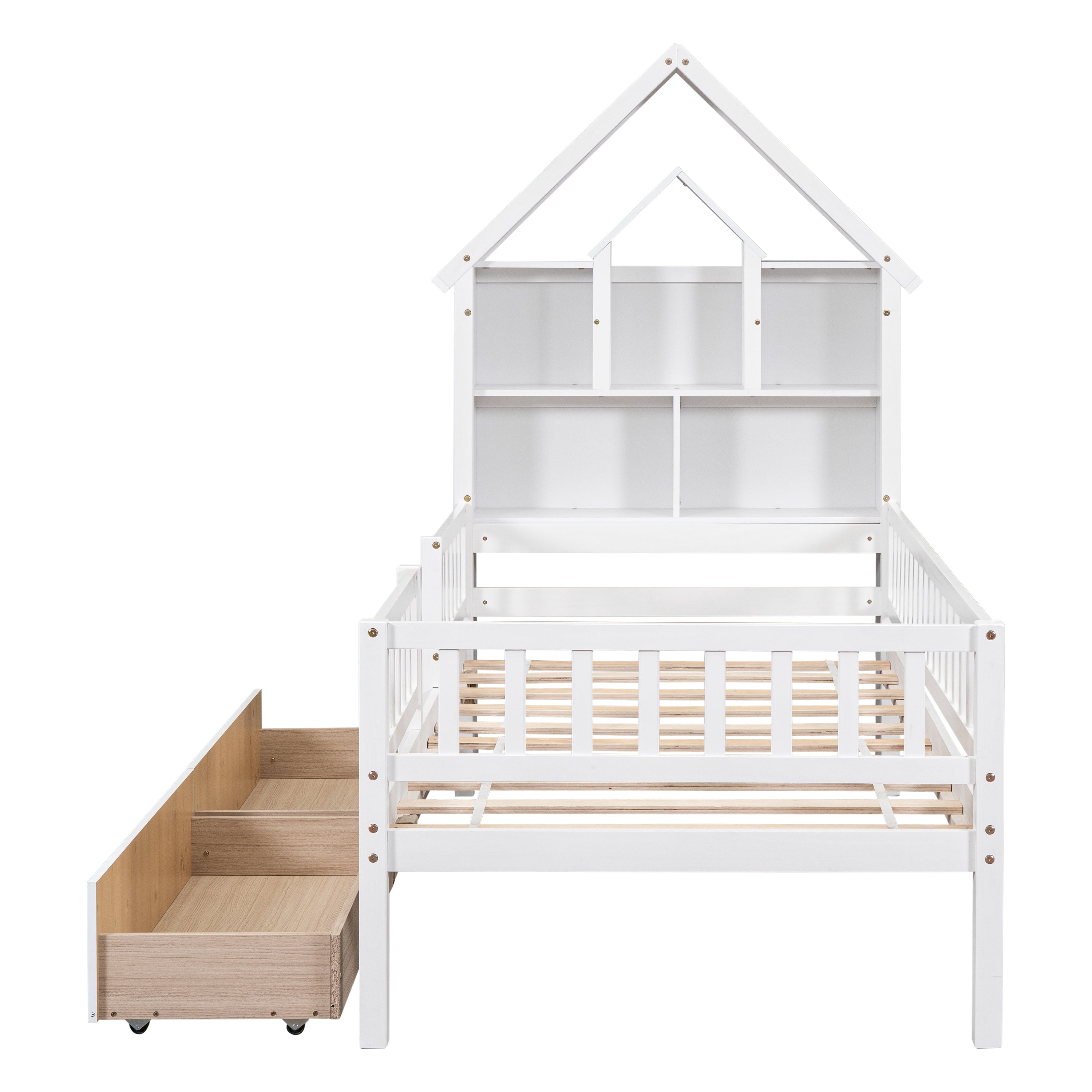 Twin Size House-Shaped Headboard Wood Frame Platform Bed with Fence Guardrails and Drawers