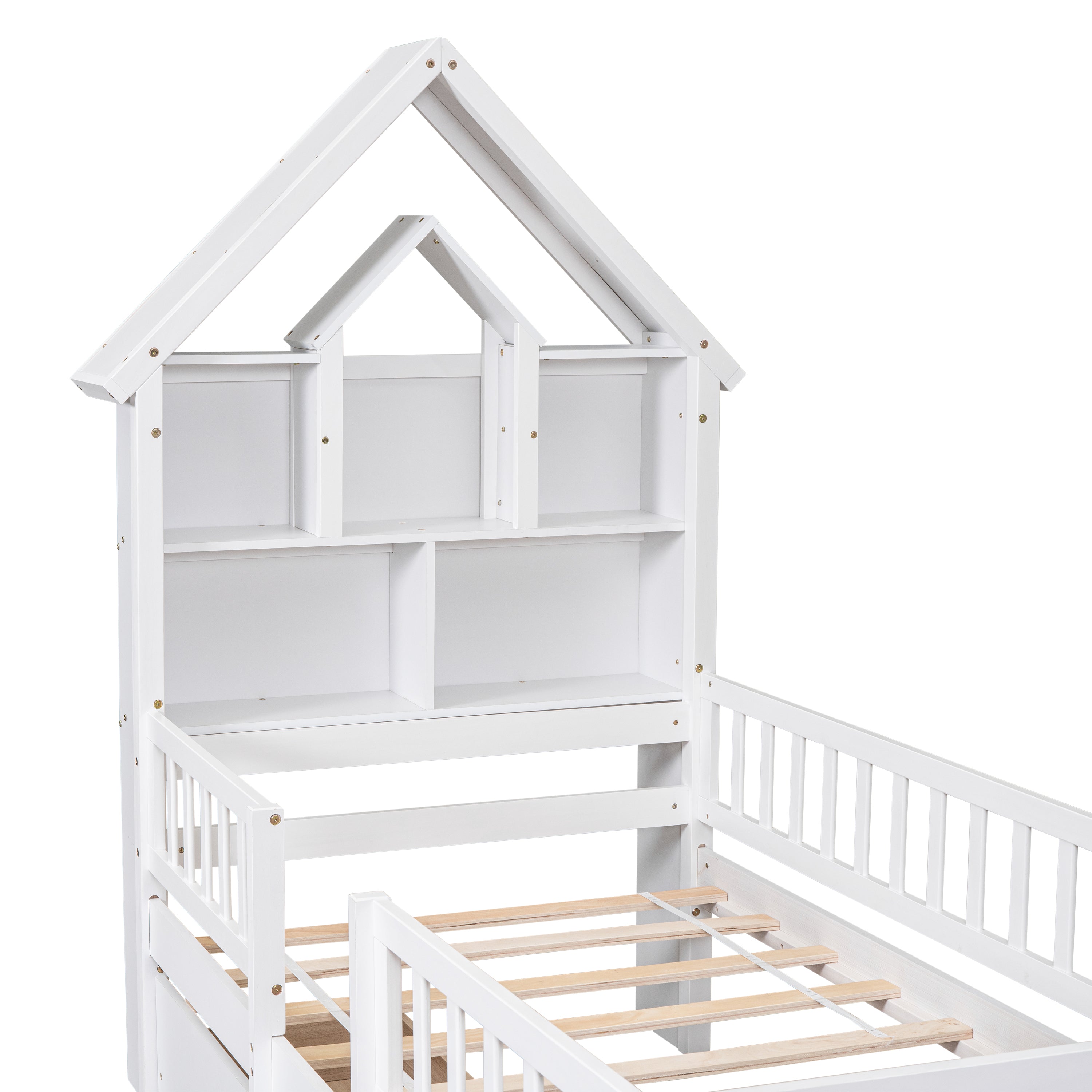 Twin Size House-Shaped Headboard Wood Frame Platform Bed with Fence Guardrails and Drawers