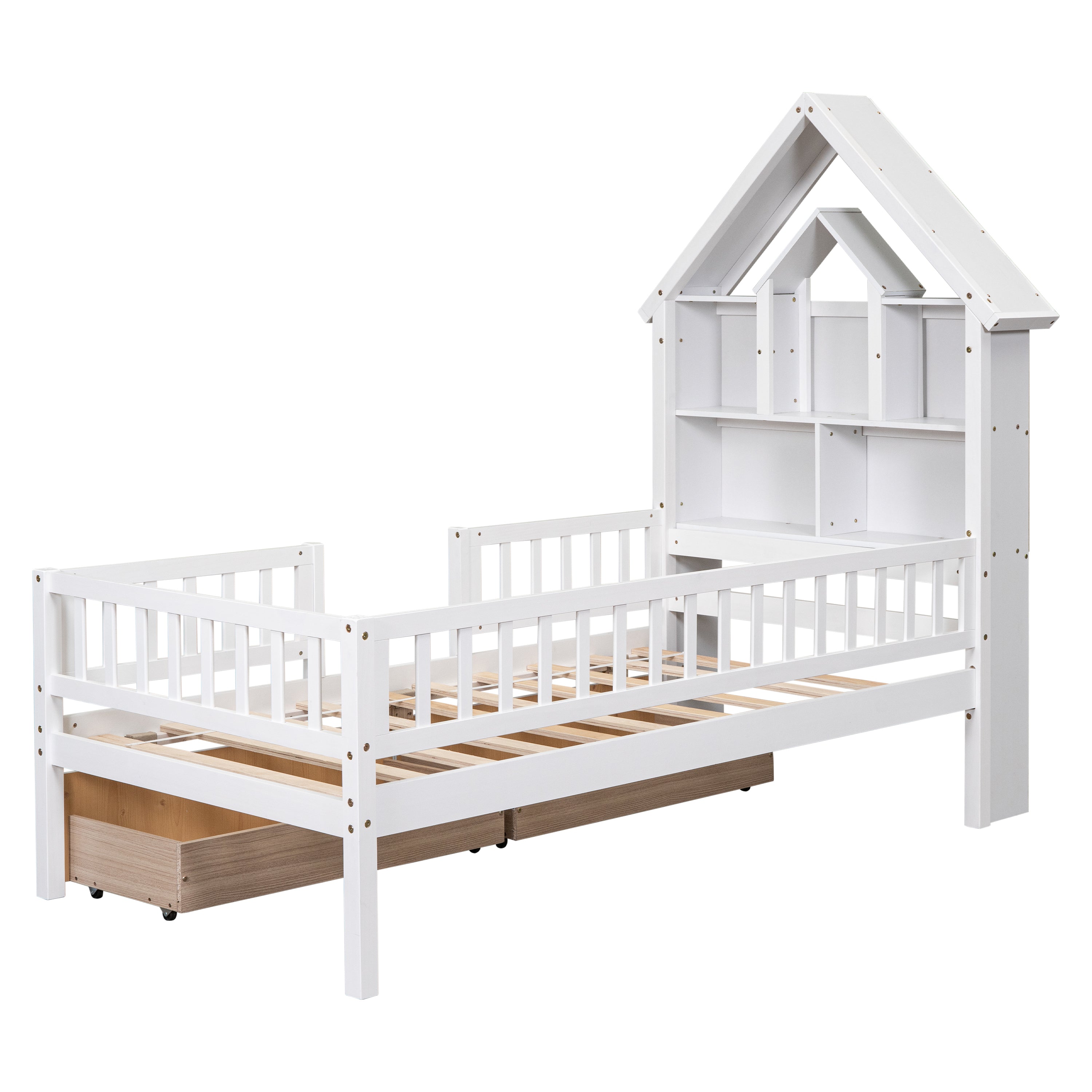 Twin Size House-Shaped Headboard Wood Frame Platform Bed with Fence Guardrails and Drawers