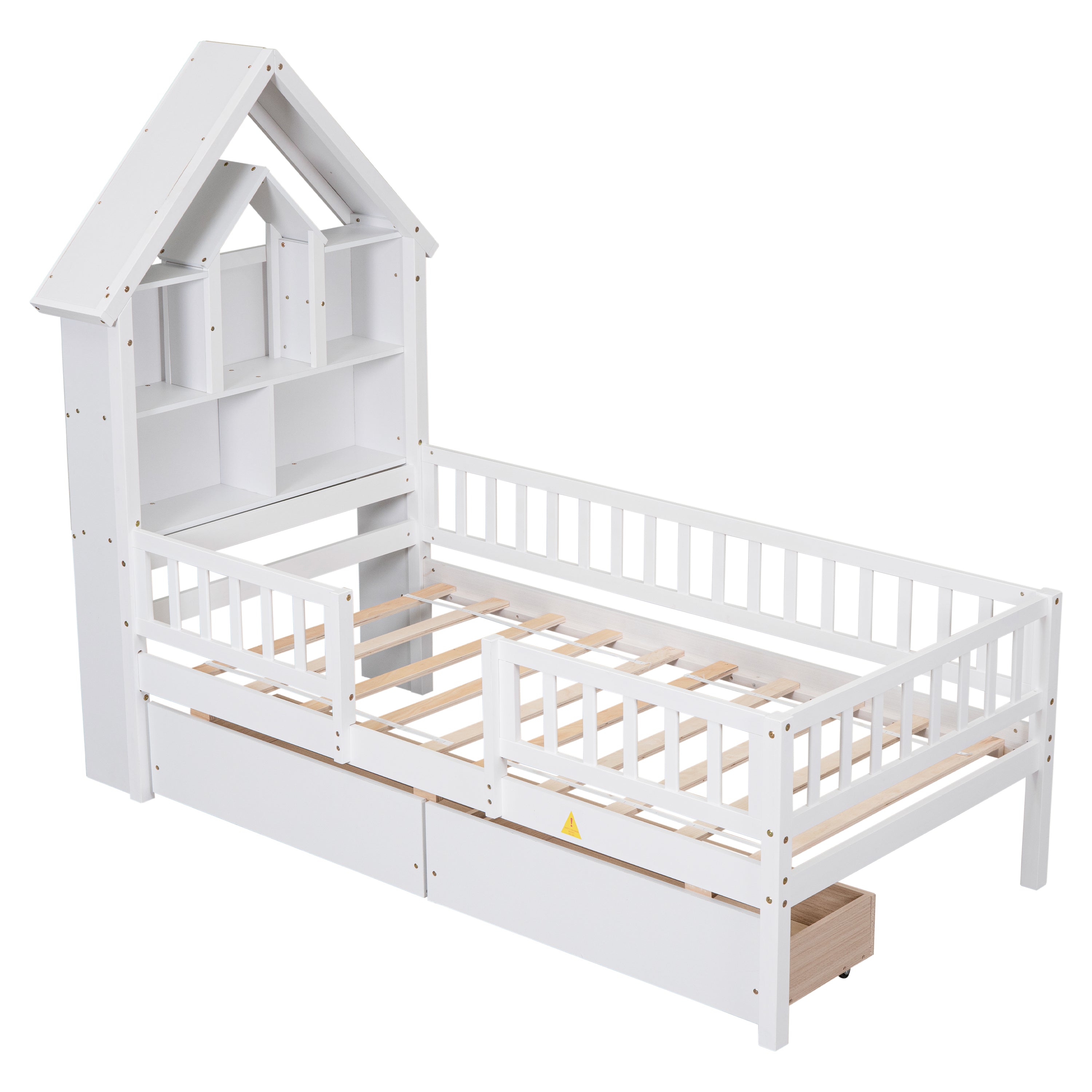 Twin Size House-Shaped Headboard Wood Frame Platform Bed with Fence Guardrails and Drawers