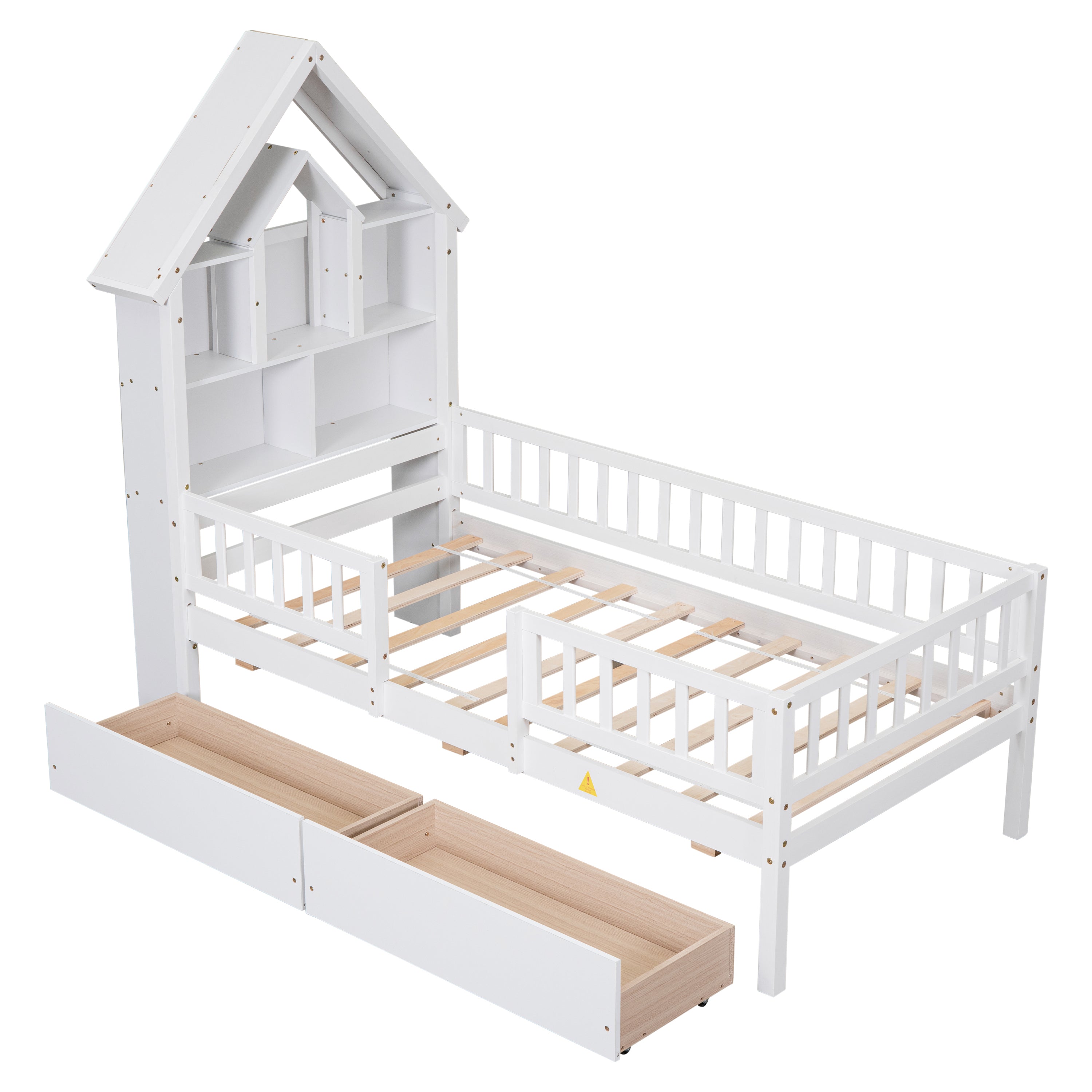 Twin Size House-Shaped Headboard Wood Frame Platform Bed with Fence Guardrails and Drawers