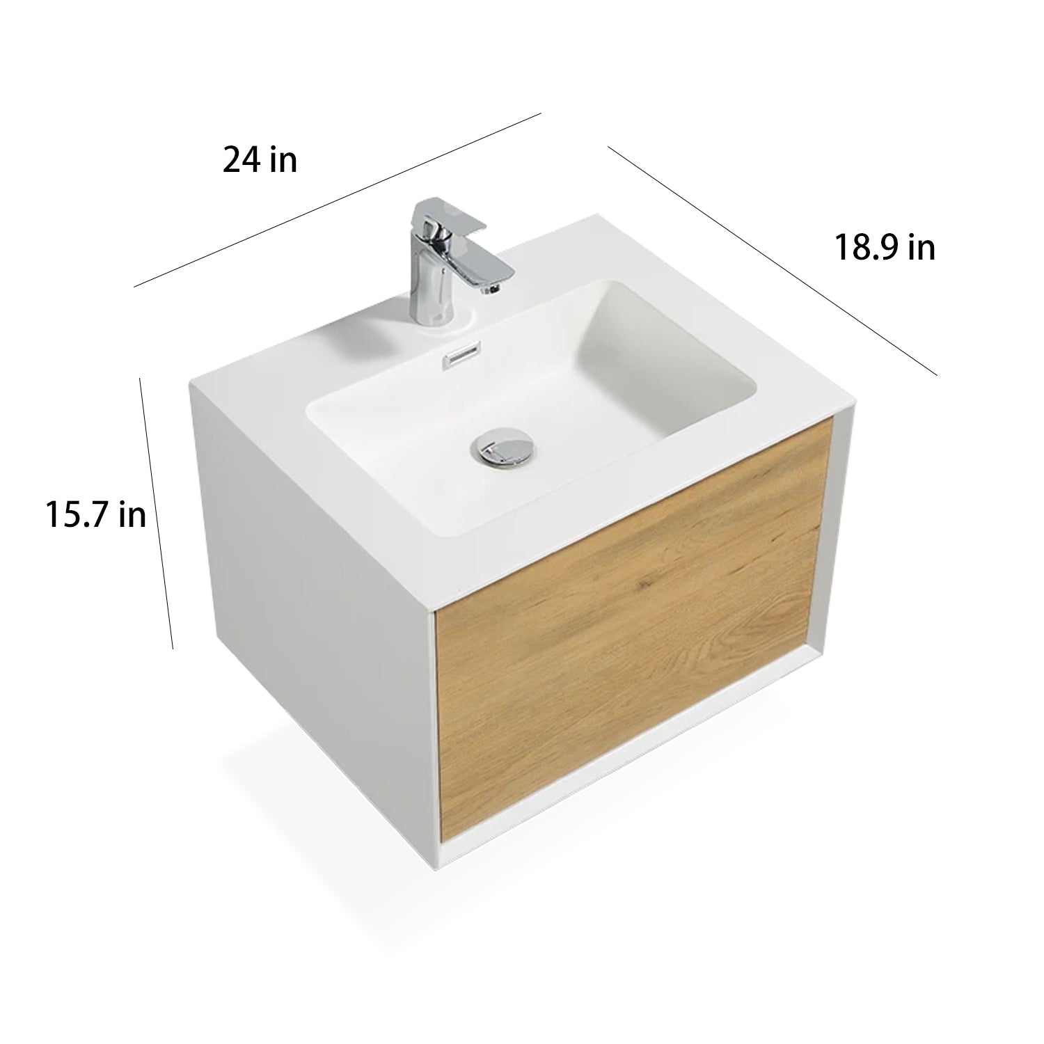 Wall-Mounted 1-drawer Bathroom Vanity Set in White and Oak with Integrated Solid Surface Sink