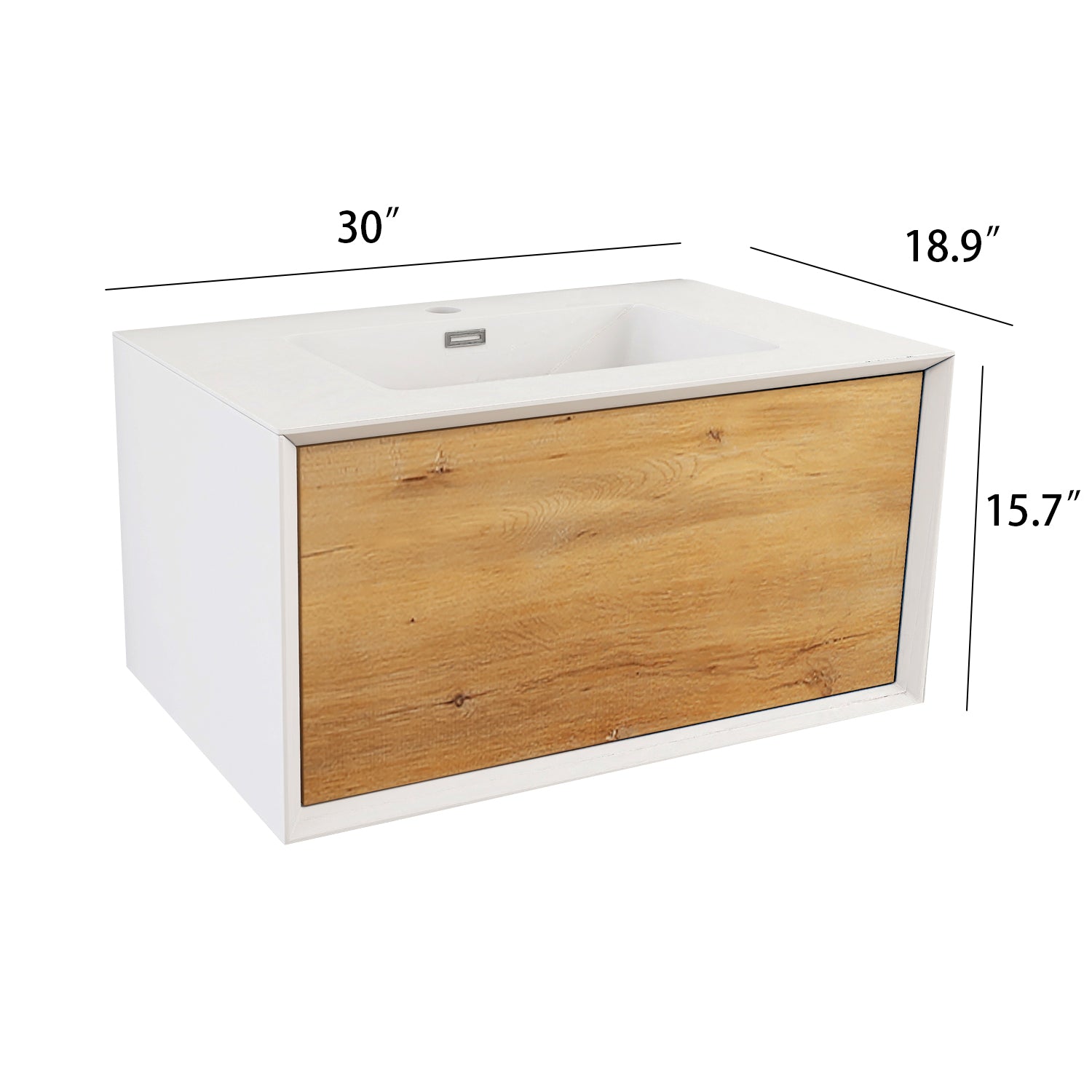 Wall-Mounted 1-drawer Bathroom Vanity Set in White and Oak with Integrated Solid Surface Sink