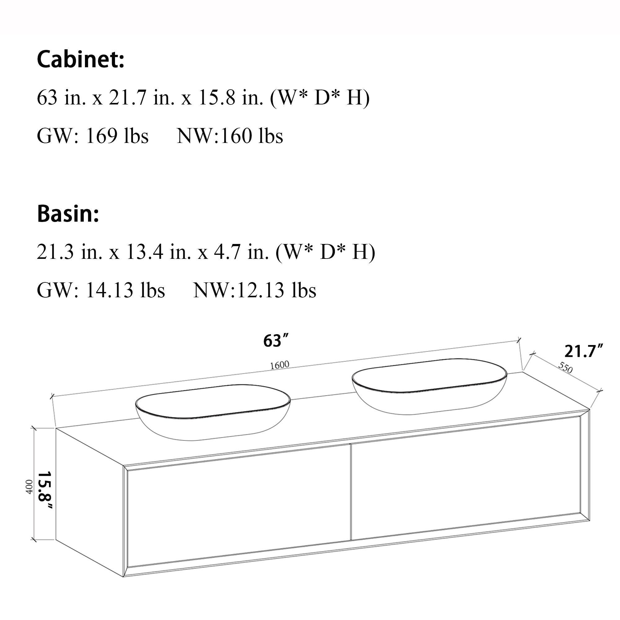 Wall Mounted Bathroom Vanity Set with White Solid Surface Top and Vessel Sink