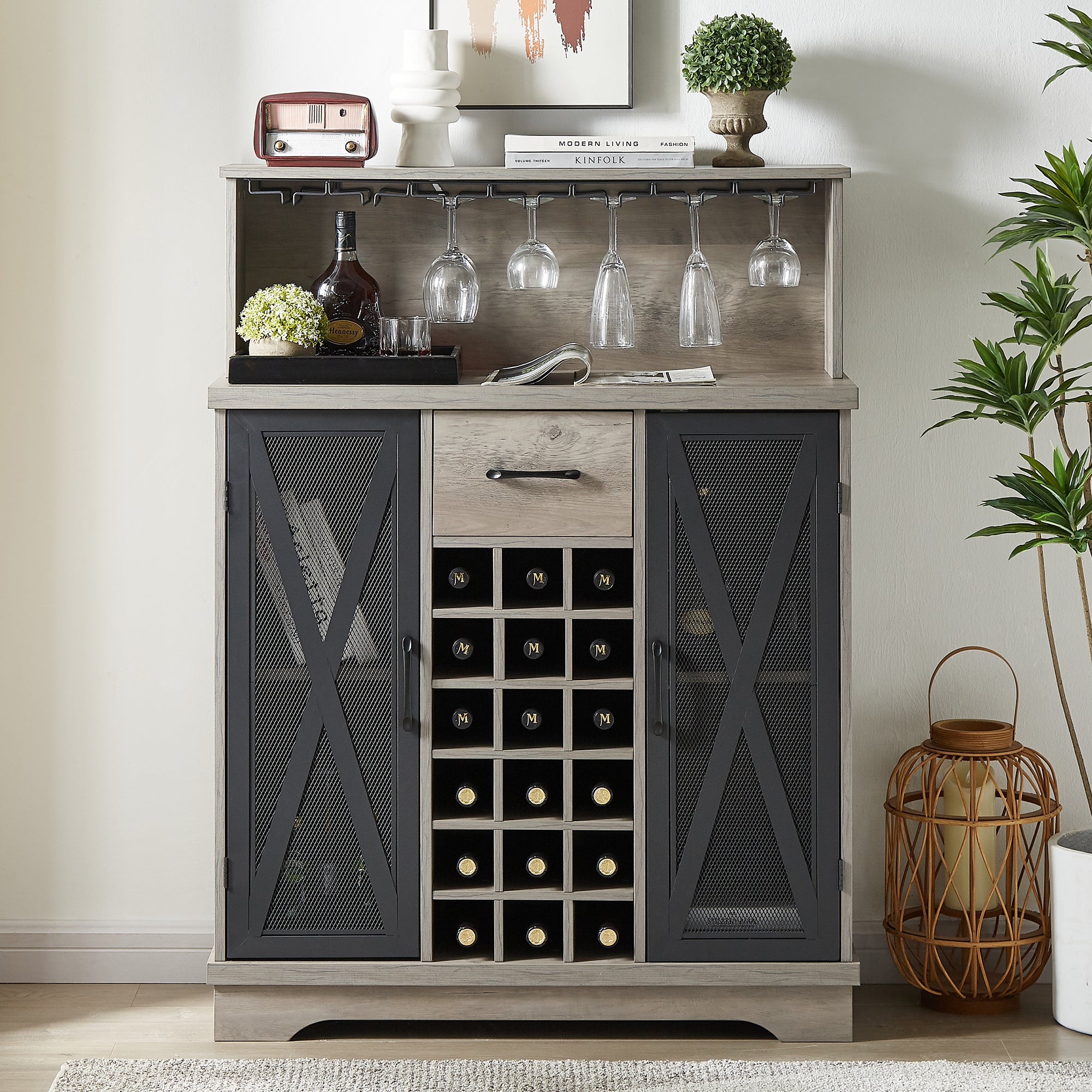 35-inch 2-door Buffet Table with Glass Rack and Wine Storage