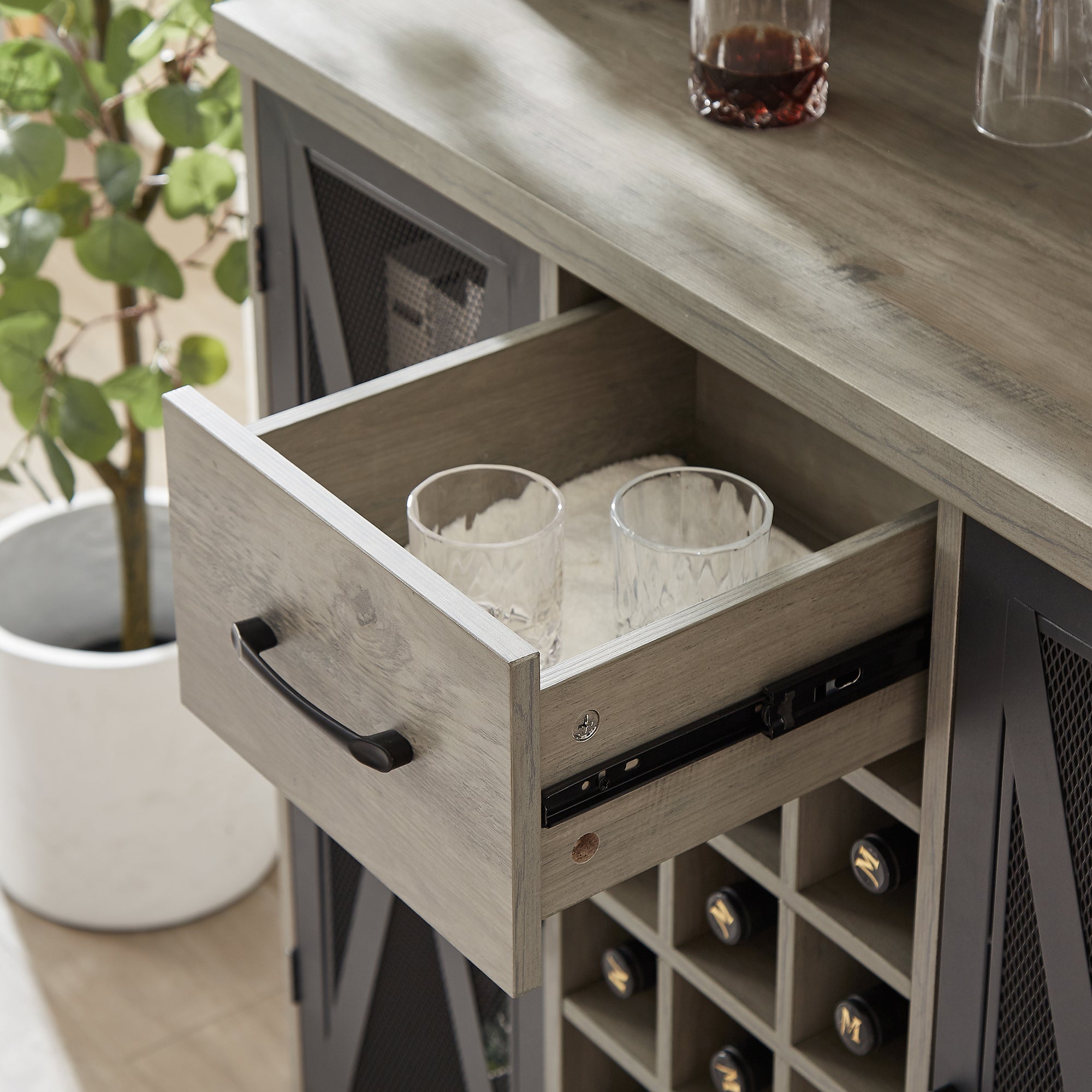 35-inch 2-door Buffet Table with Glass Rack and Wine Storage
