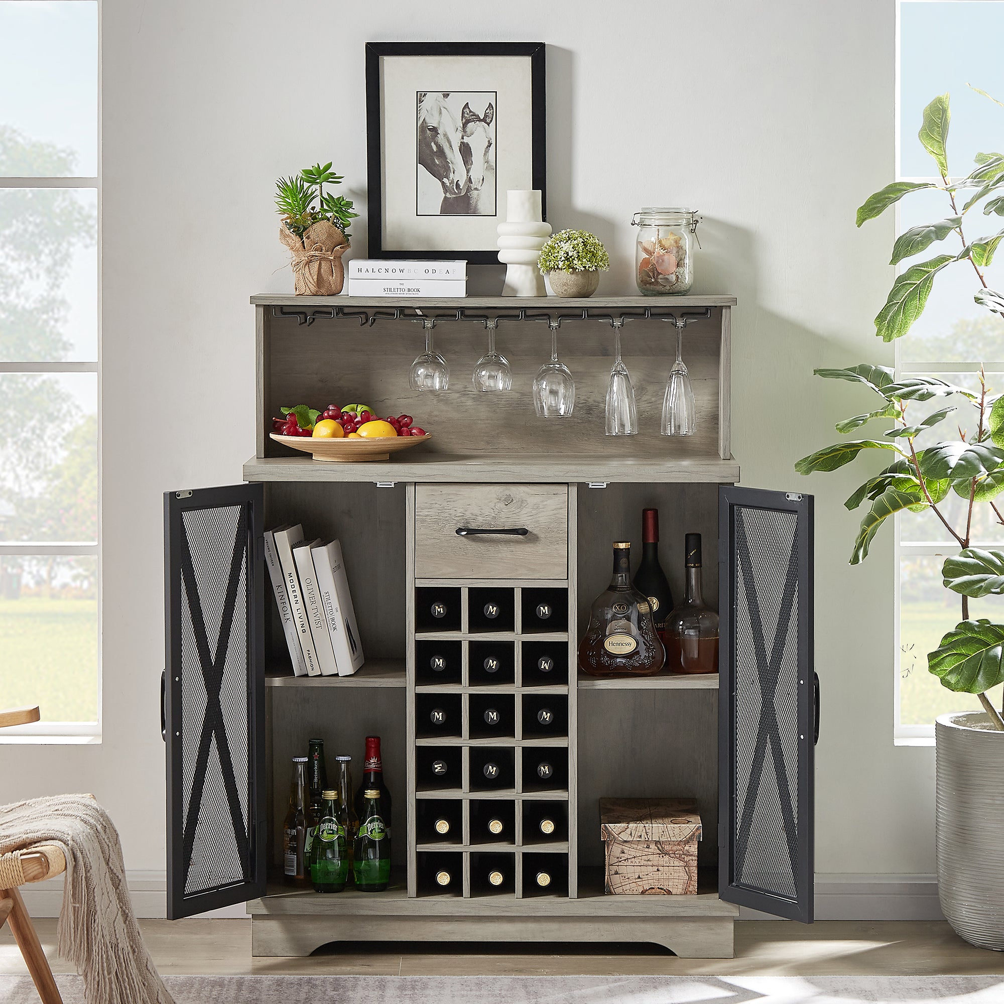 35-inch 2-door Buffet Table with Glass Rack and Wine Storage