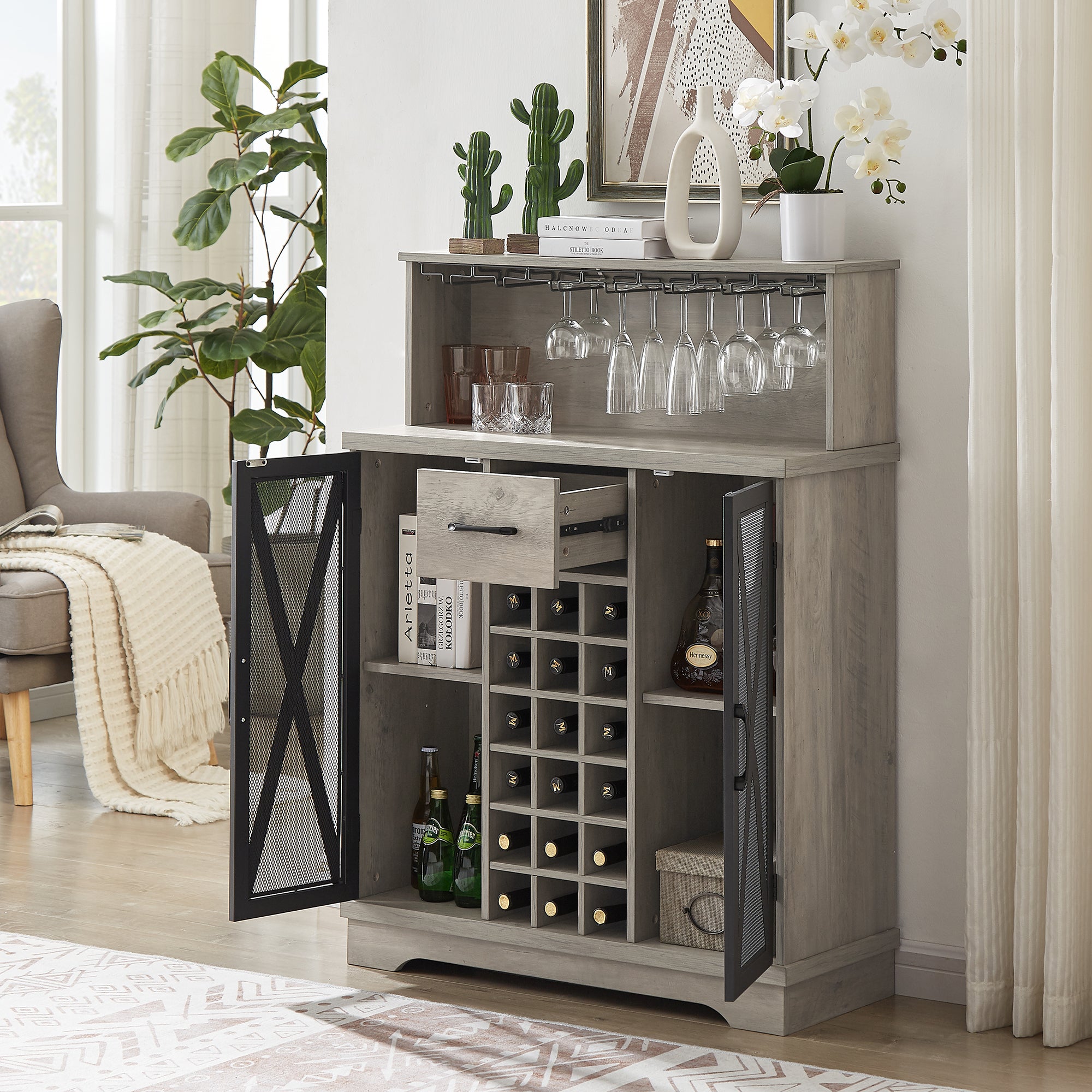 35-inch 2-door Buffet Table with Glass Rack and Wine Storage