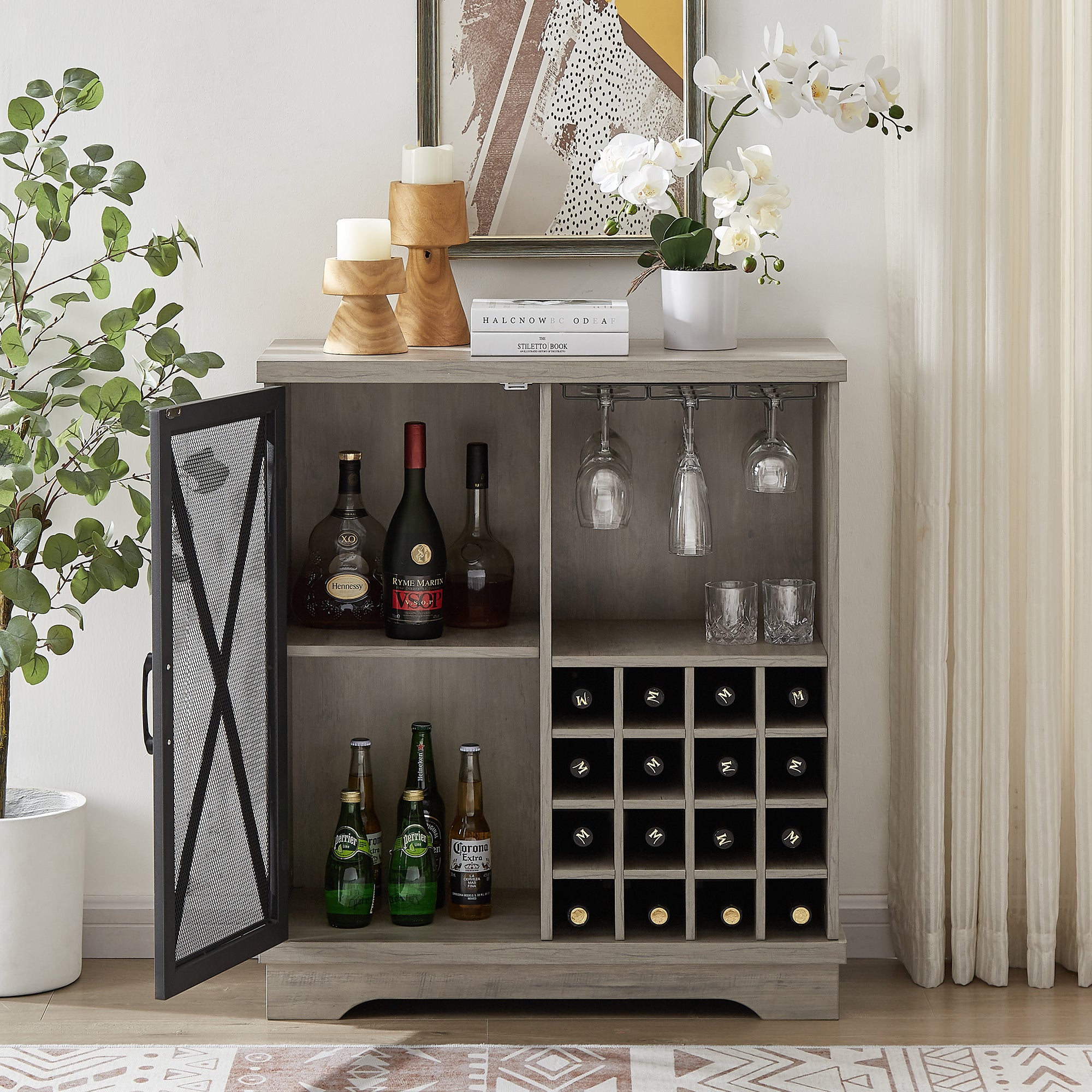 32-inch 1-door Buffet Table with Glass Rack and Wine Storage