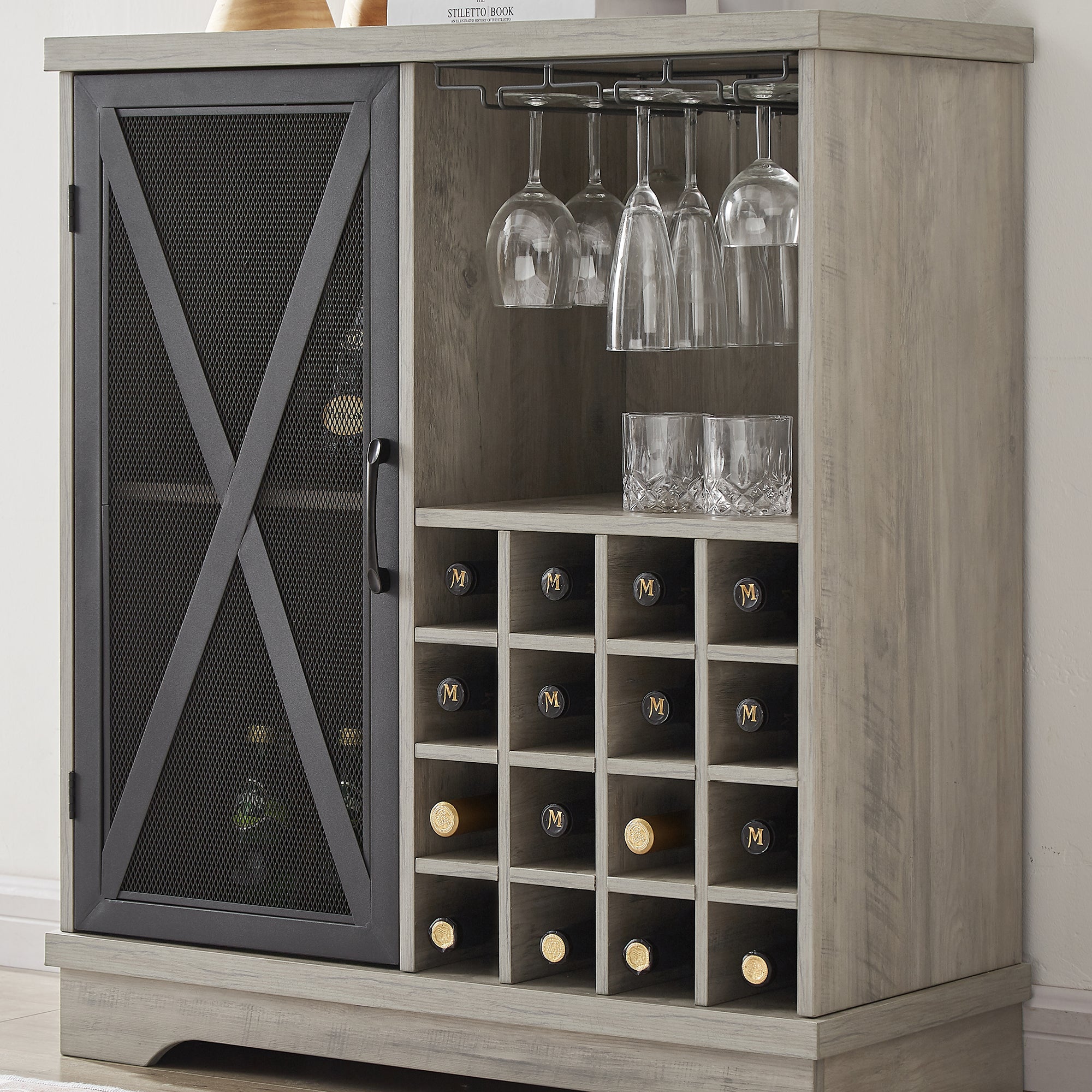 32-inch 1-door Buffet Table with Glass Rack and Wine Storage