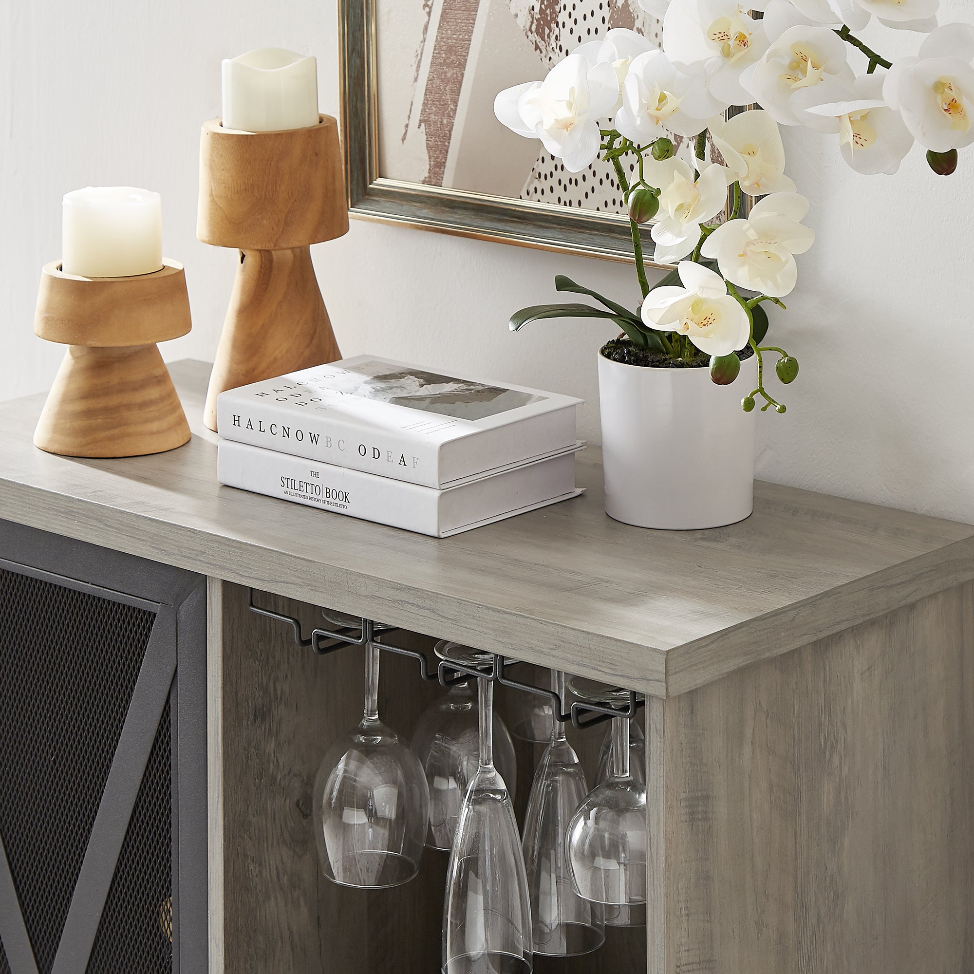 32-inch 1-door Buffet Table with Glass Rack and Wine Storage