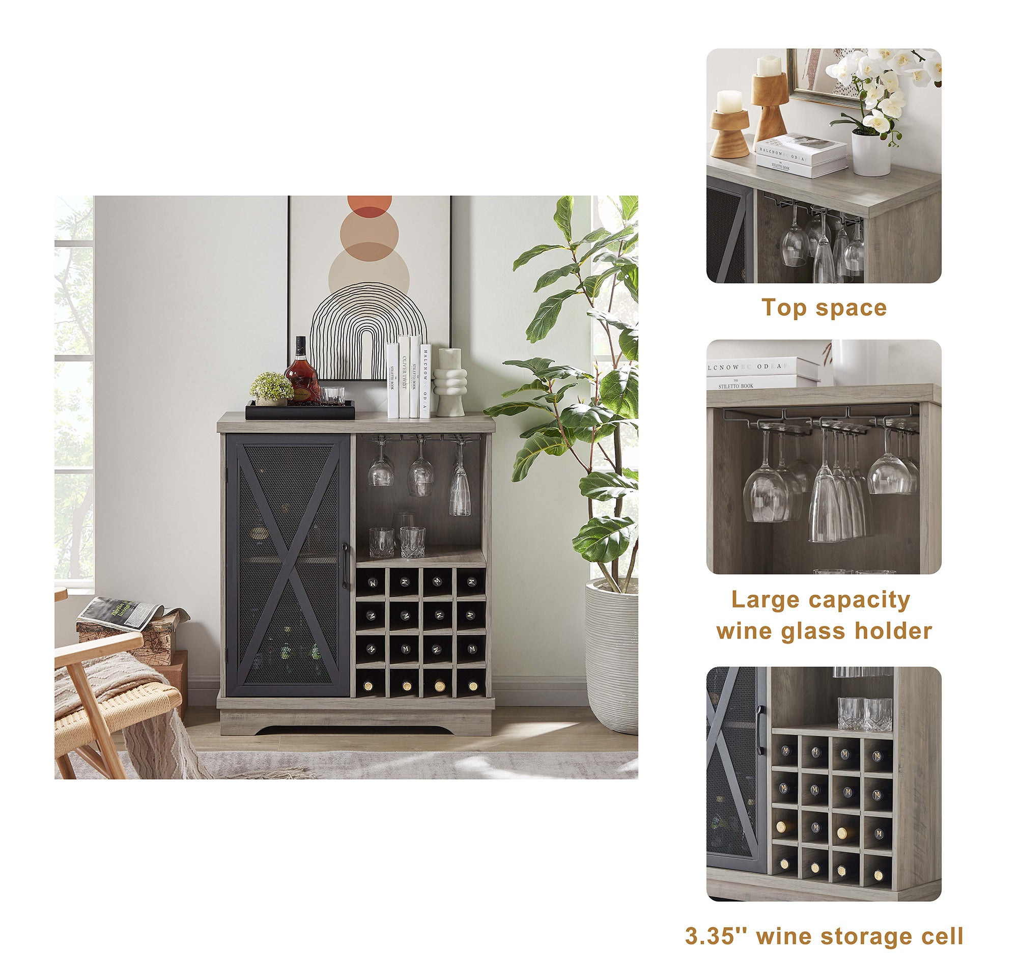 32-inch 1-door Buffet Table with Glass Rack and Wine Storage
