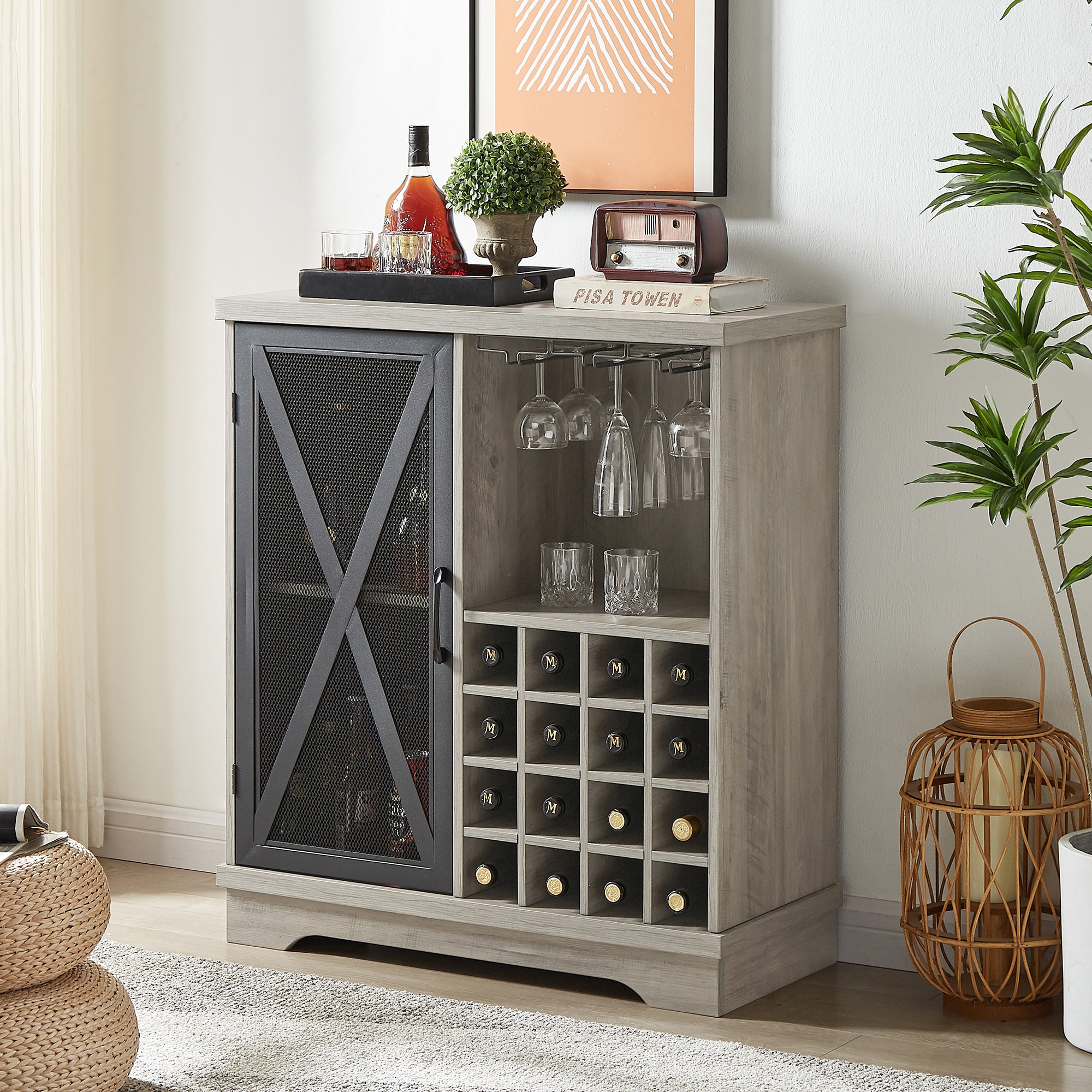 32-inch 1-door Buffet Table with Glass Rack and Wine Storage
