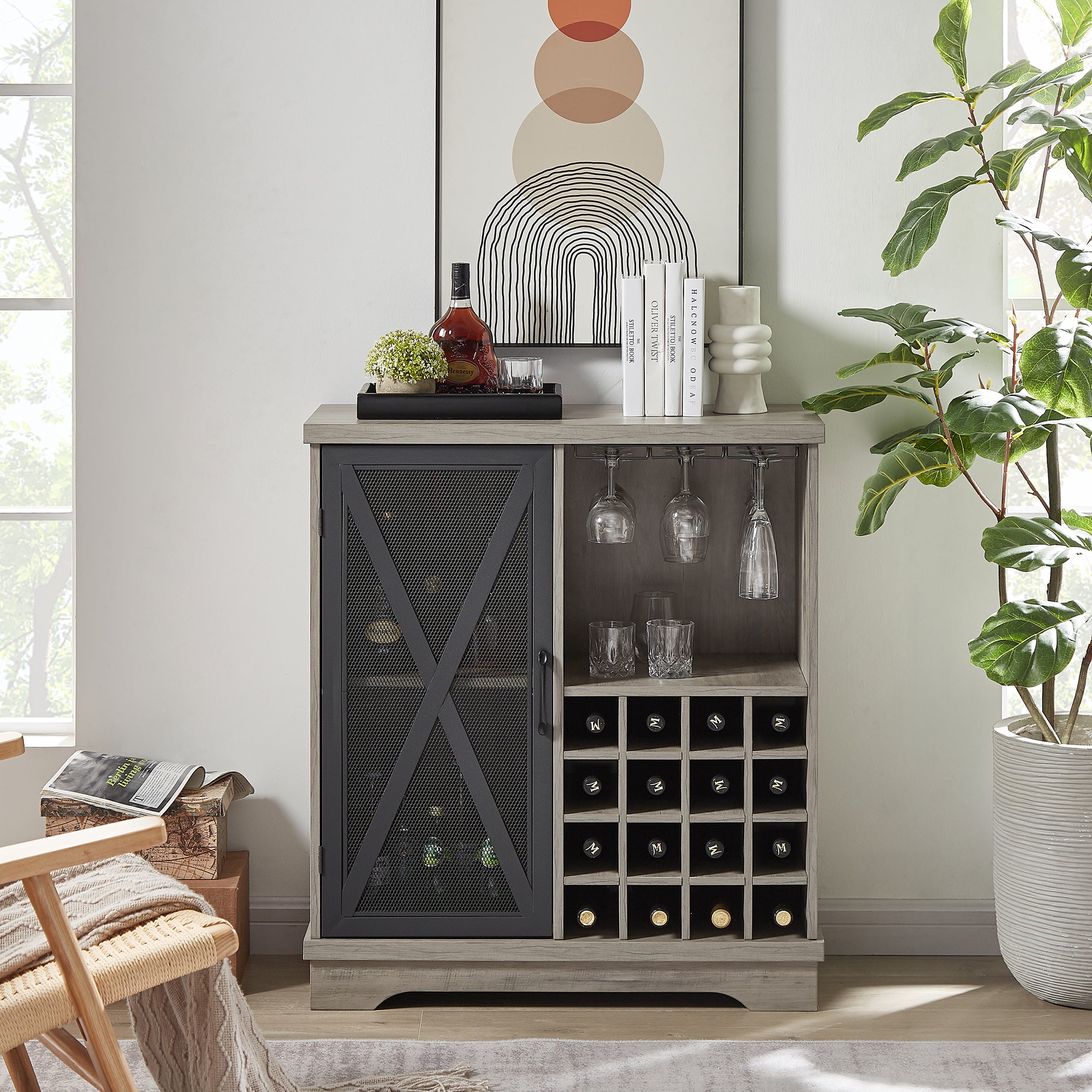 32-inch 1-door Buffet Table with Glass Rack and Wine Storage