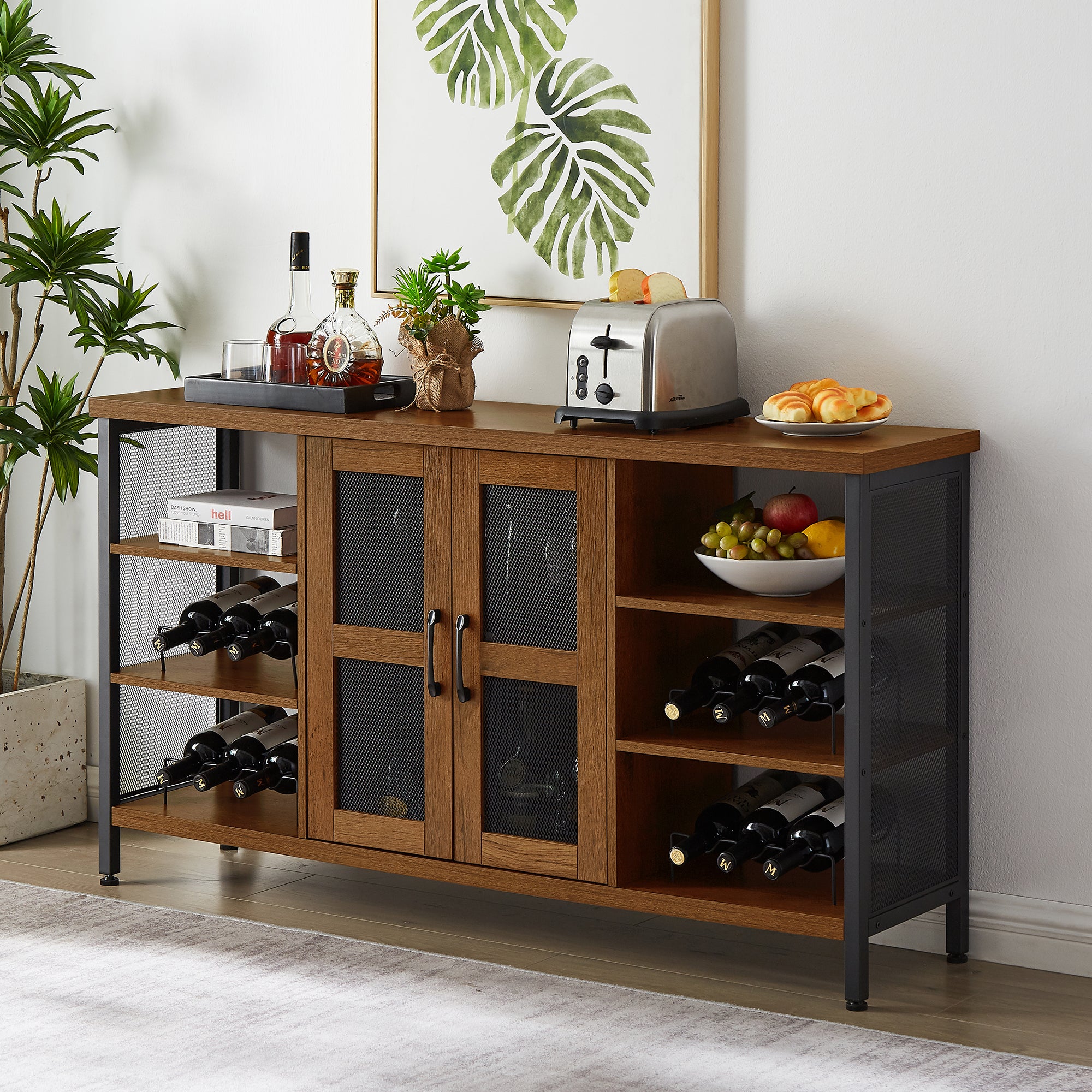 55-inch Buffet Table with Glass Rack and Wine Bottle Rack