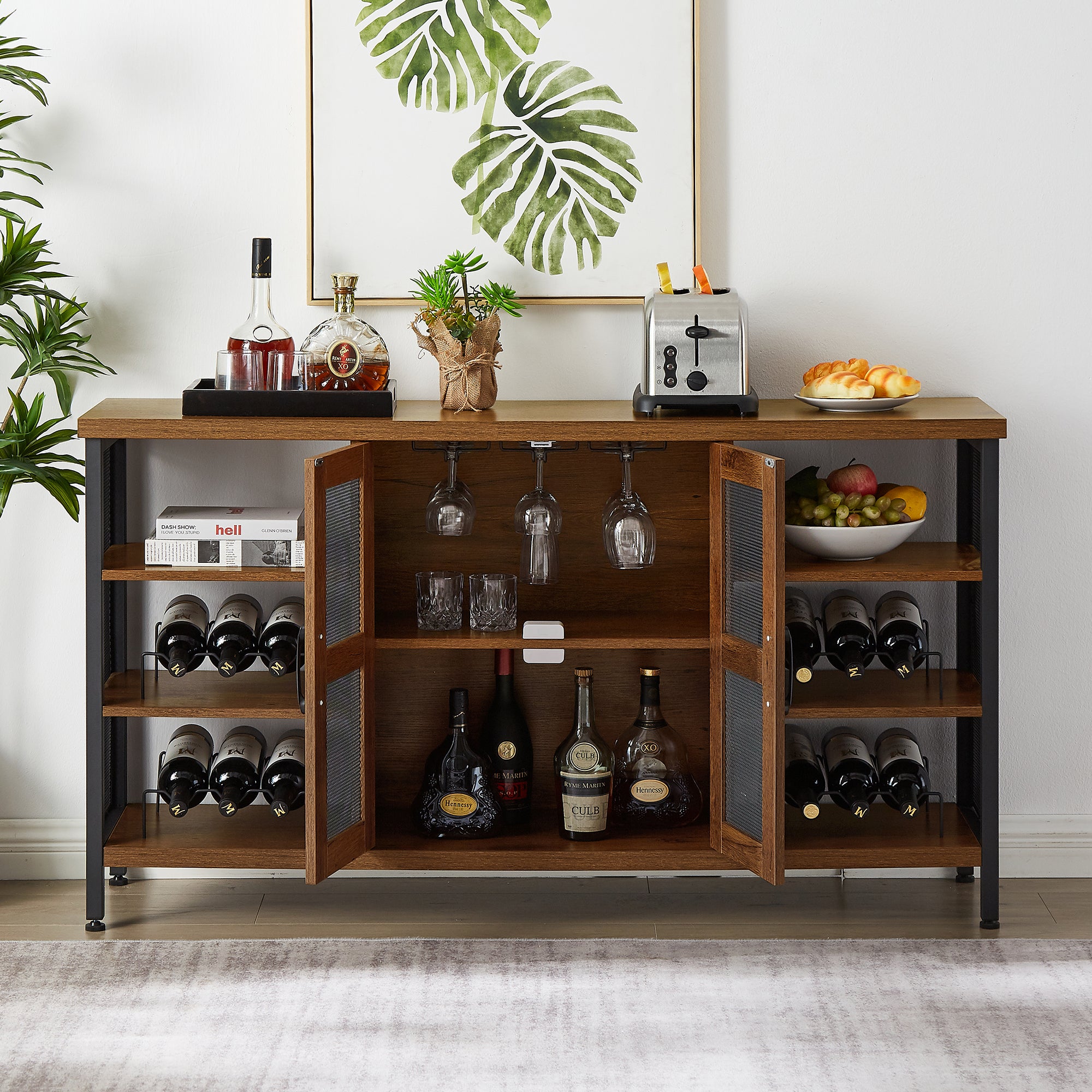55-inch Buffet Table with Glass Rack and Wine Bottle Rack
