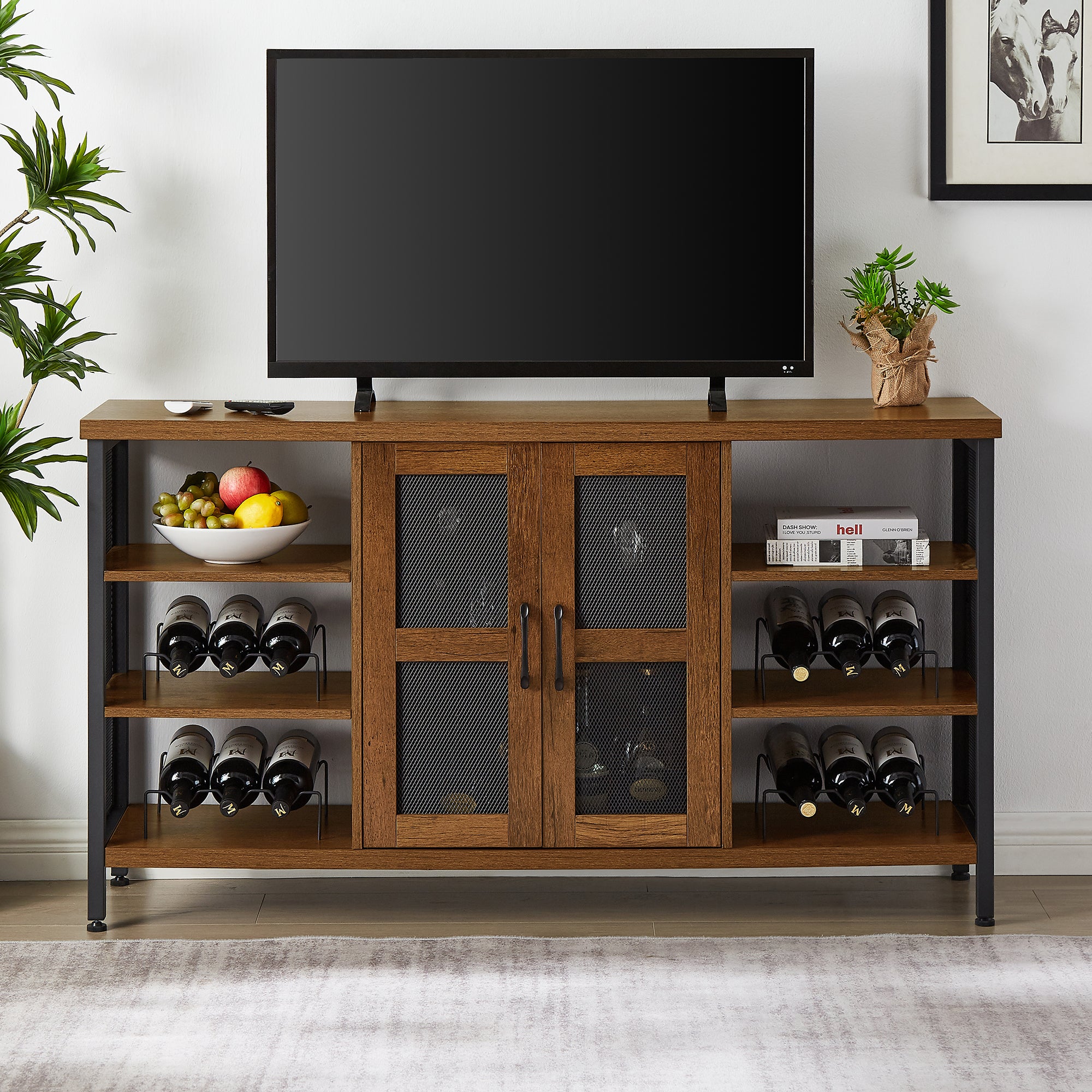 55-inch Buffet Table with Glass Rack and Wine Bottle Rack