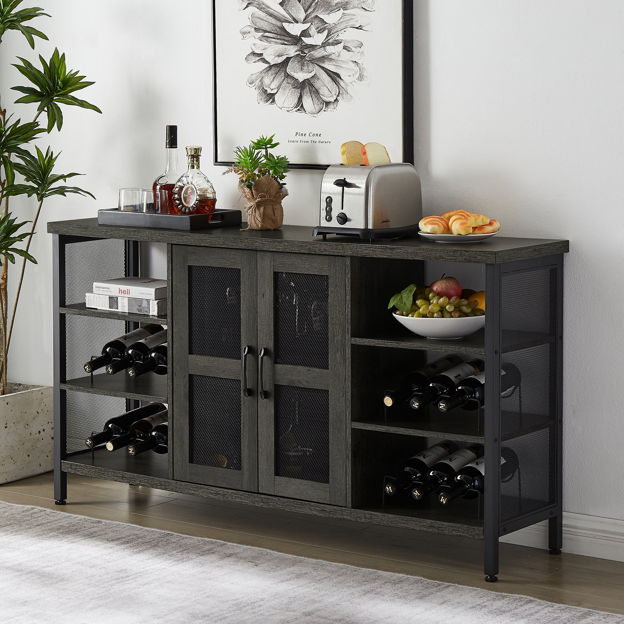55-inch Buffet Table with Glass Rack and Wine Bottle Rack