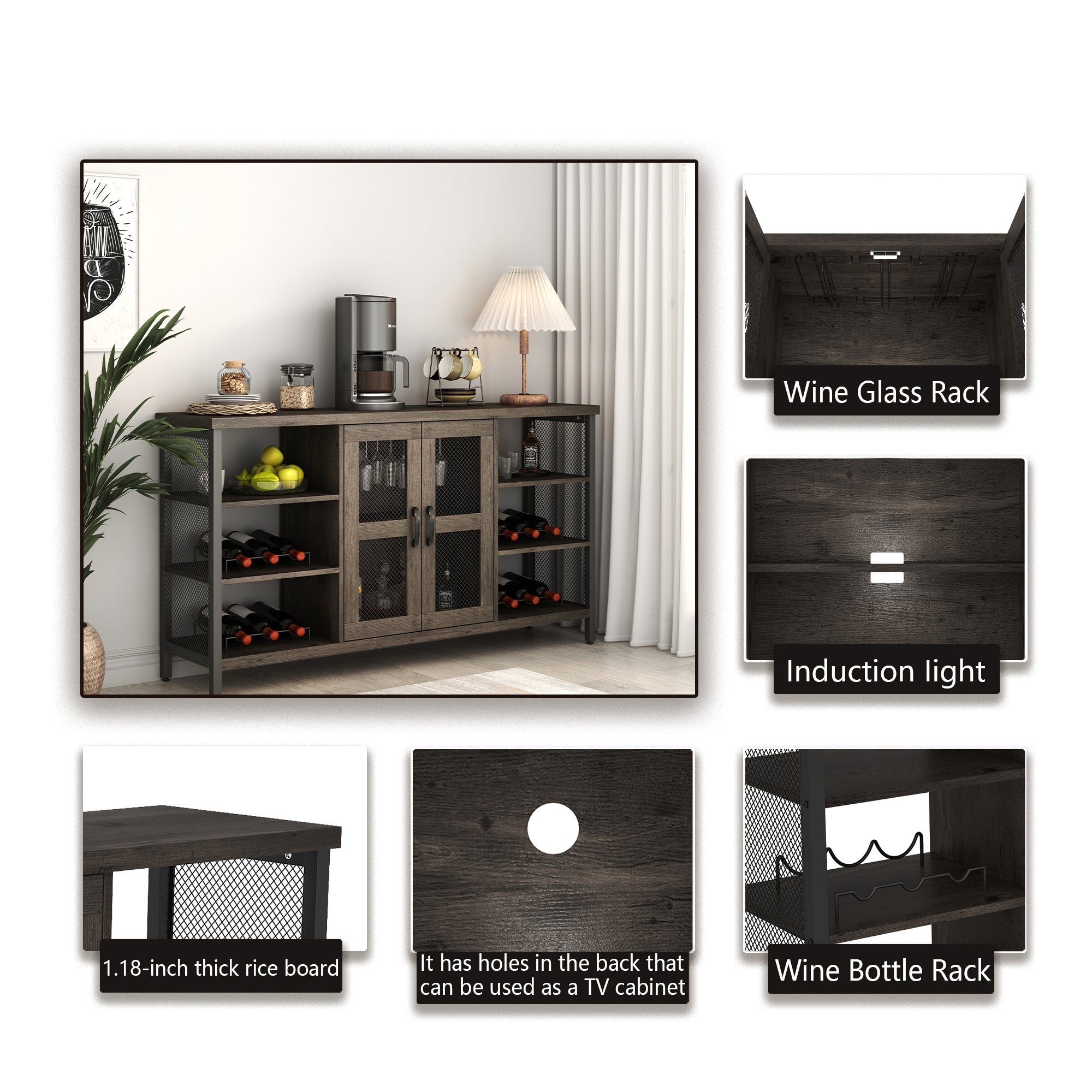 55-inch Buffet Table with Glass Rack and Wine Bottle Rack