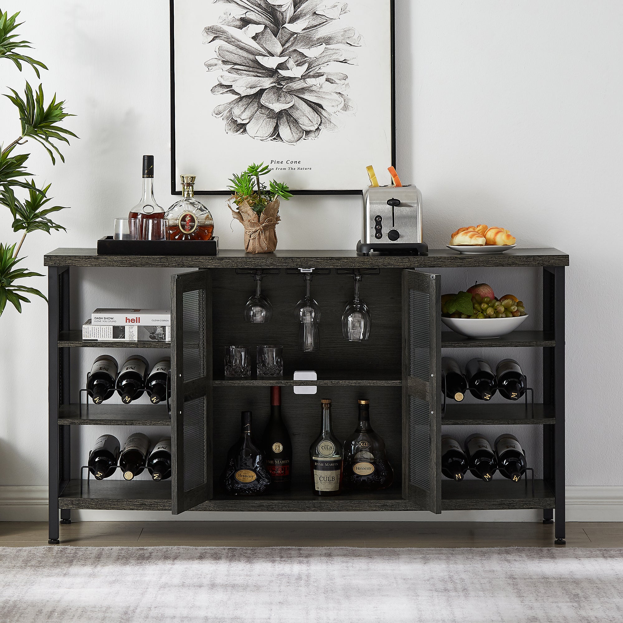 55-inch Buffet Table with Glass Rack and Wine Bottle Rack