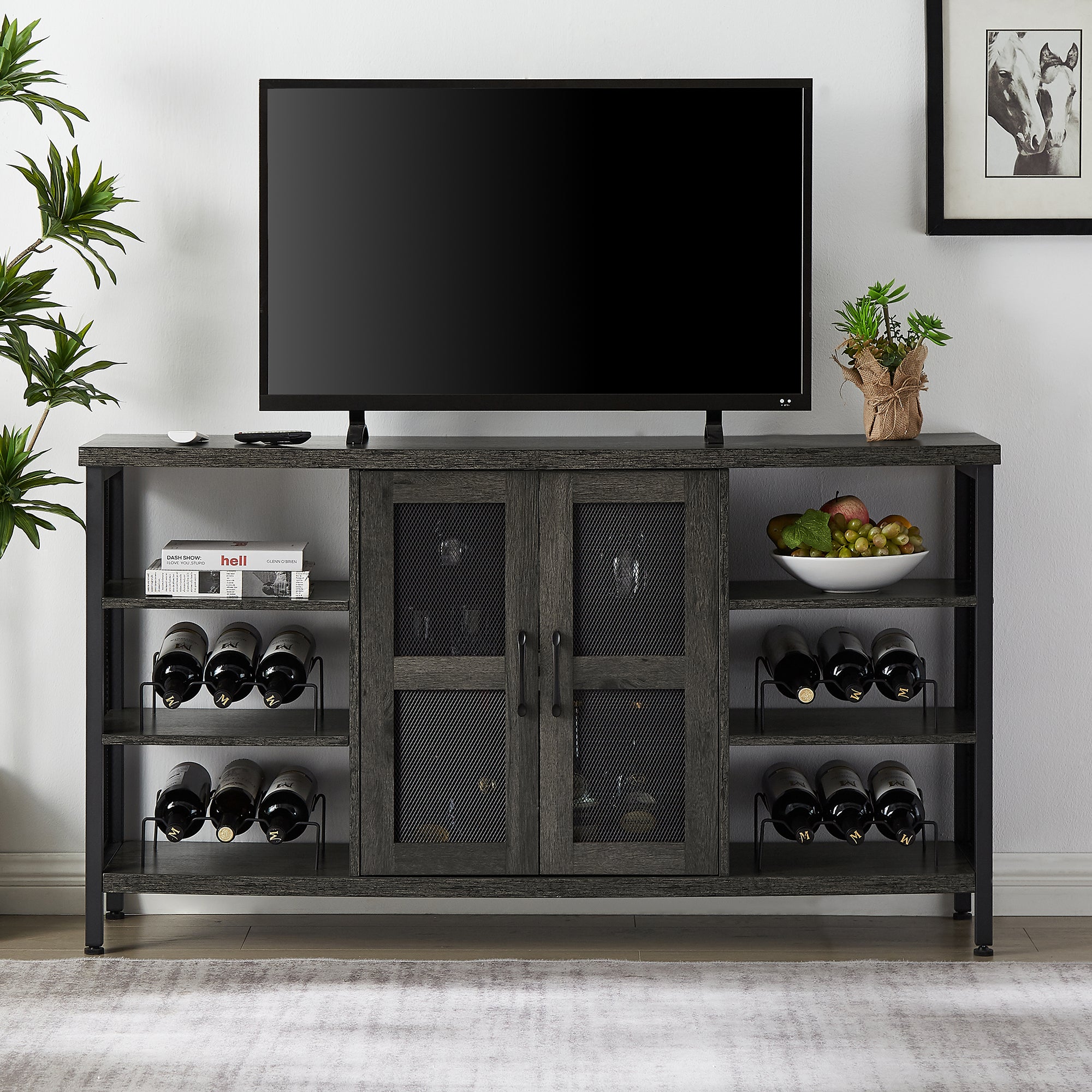 55-inch Buffet Table with Glass Rack and Wine Bottle Rack