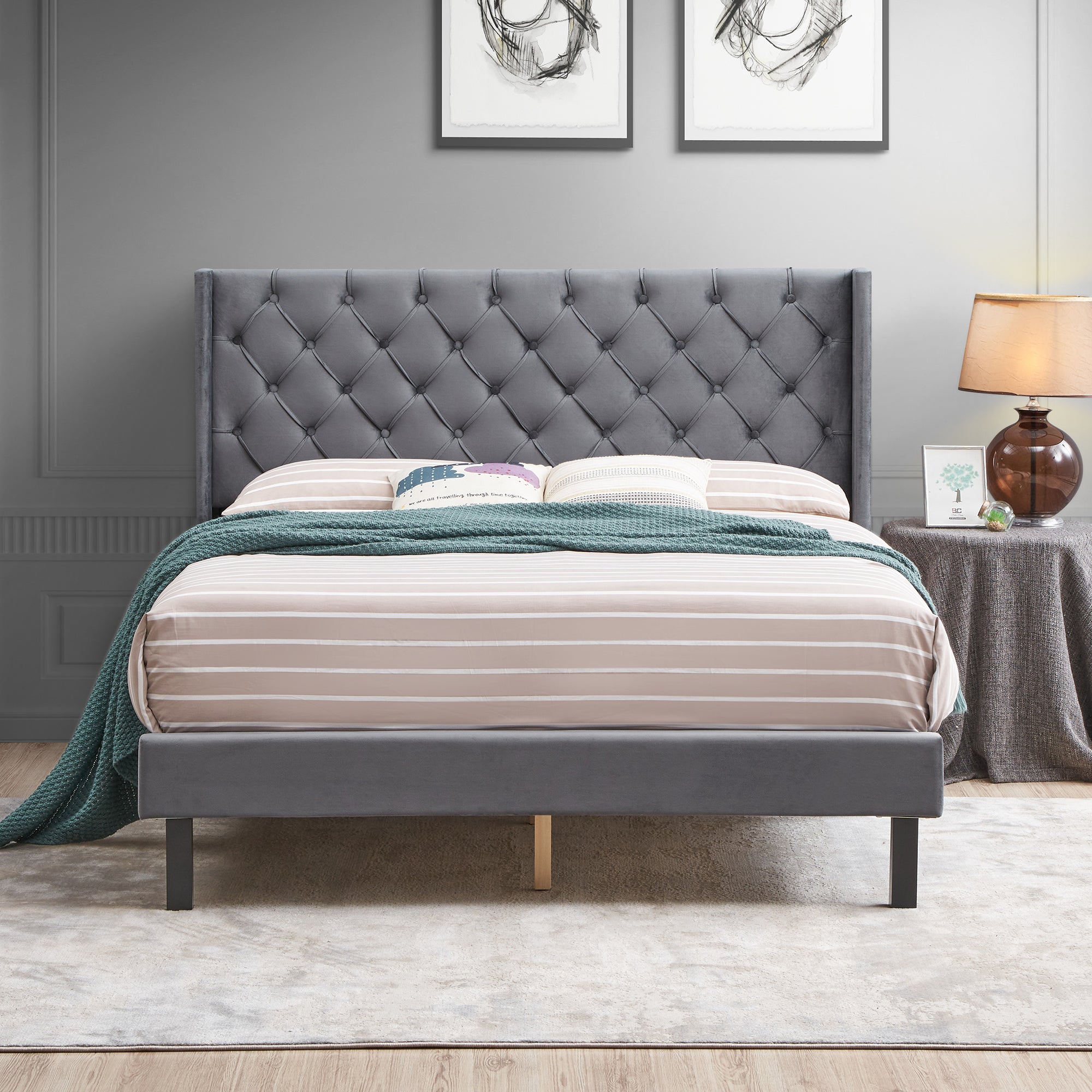 Queen Upholstered Frame Platform Bed with Tufted Headboard
