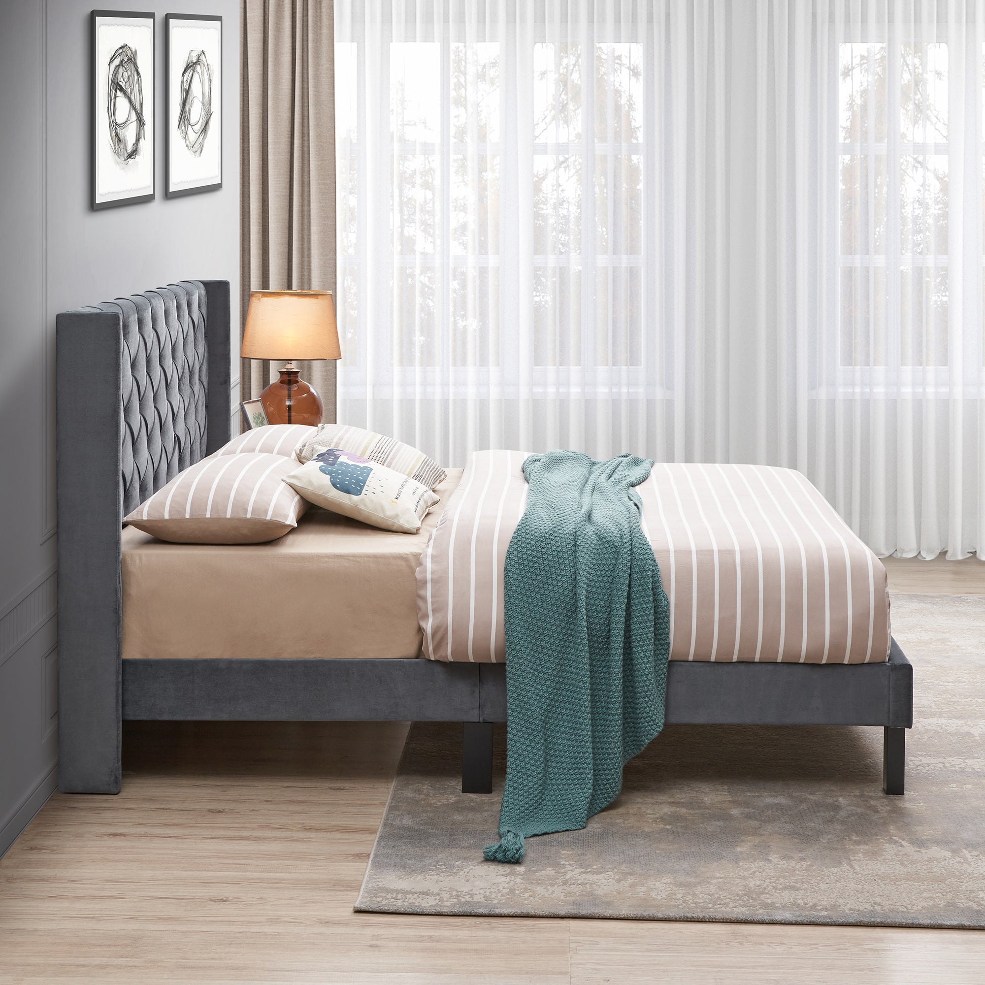 Queen Upholstered Frame Platform Bed with Tufted Headboard