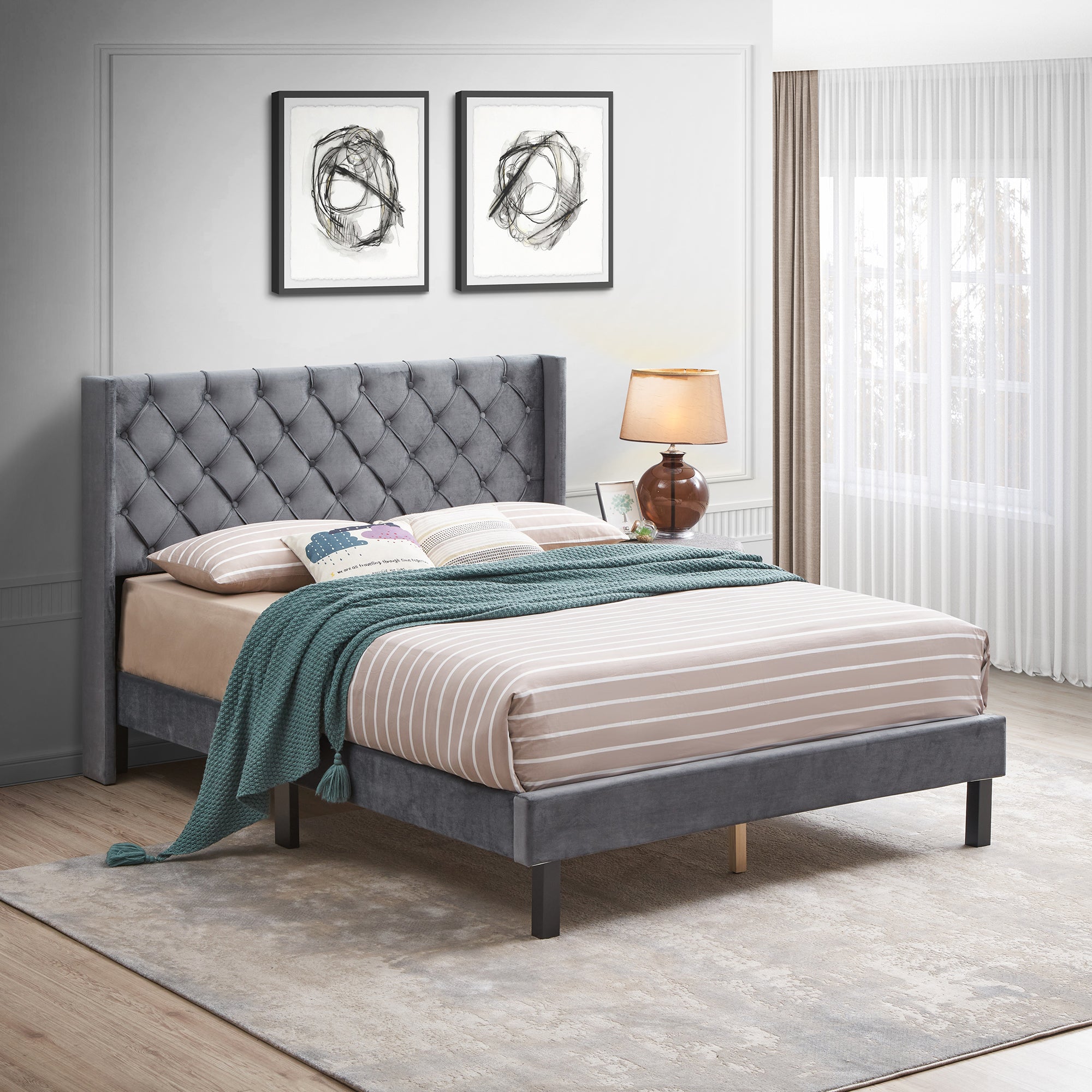 Queen Upholstered Frame Platform Bed with Tufted Headboard