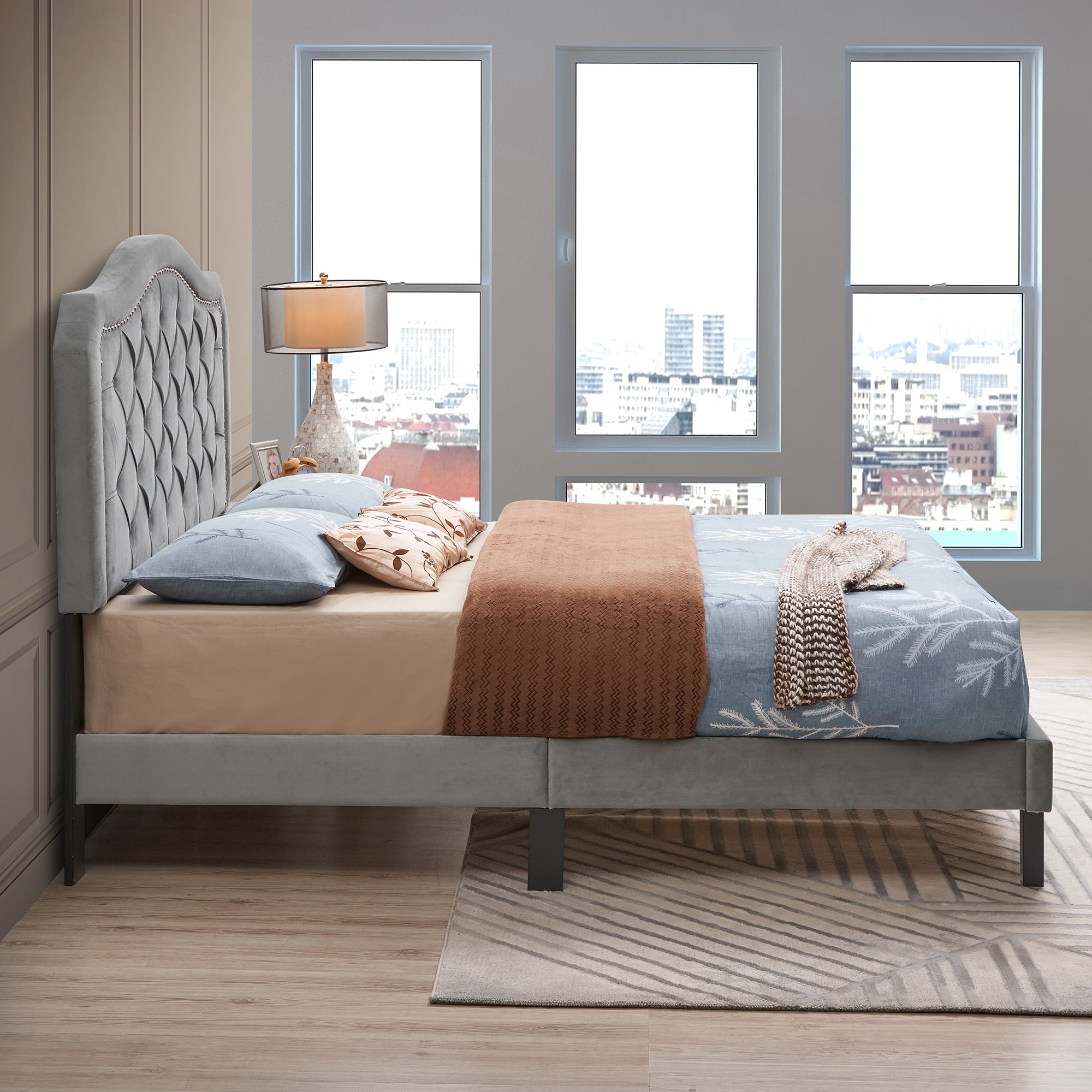 Queen Upholstered Frame Platform Bed with Tufted Headboard