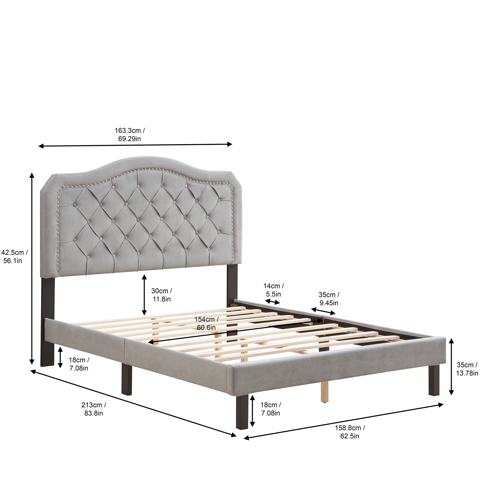 Queen Upholstered Frame Platform Bed with Tufted Headboard