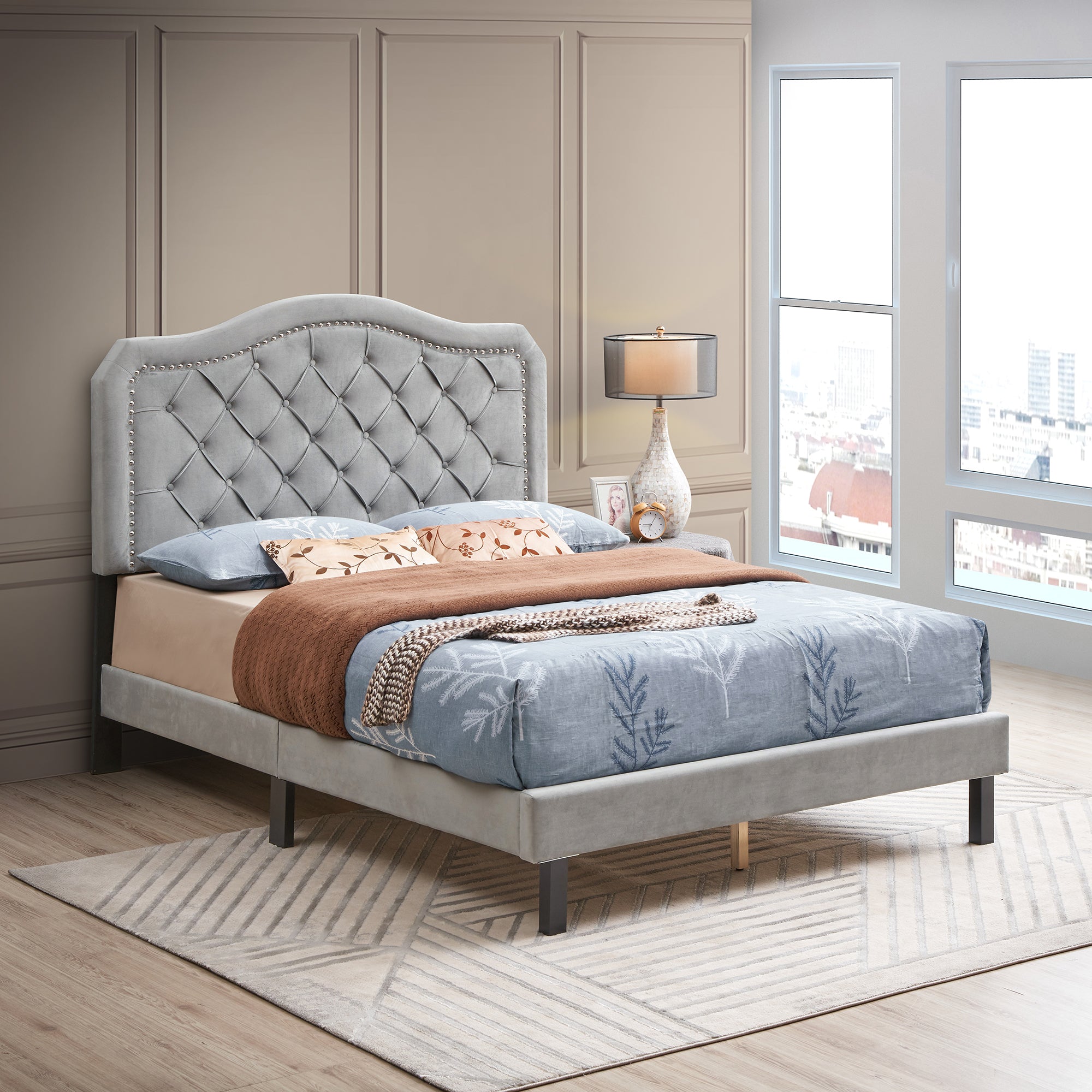 Queen Upholstered Frame Platform Bed with Tufted Headboard