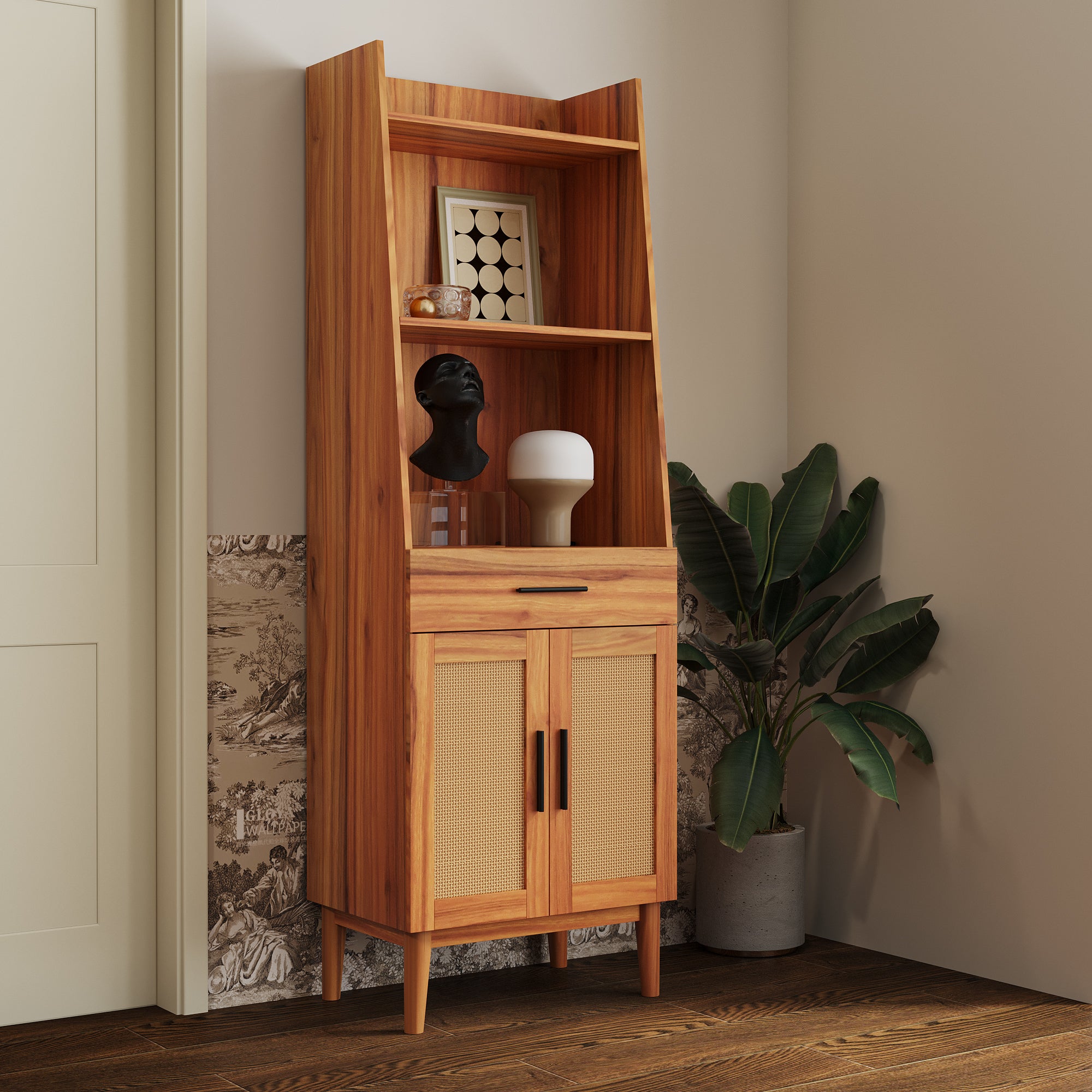 Wood Bookshelf Display Case with Drawer and Open Storage Shelves