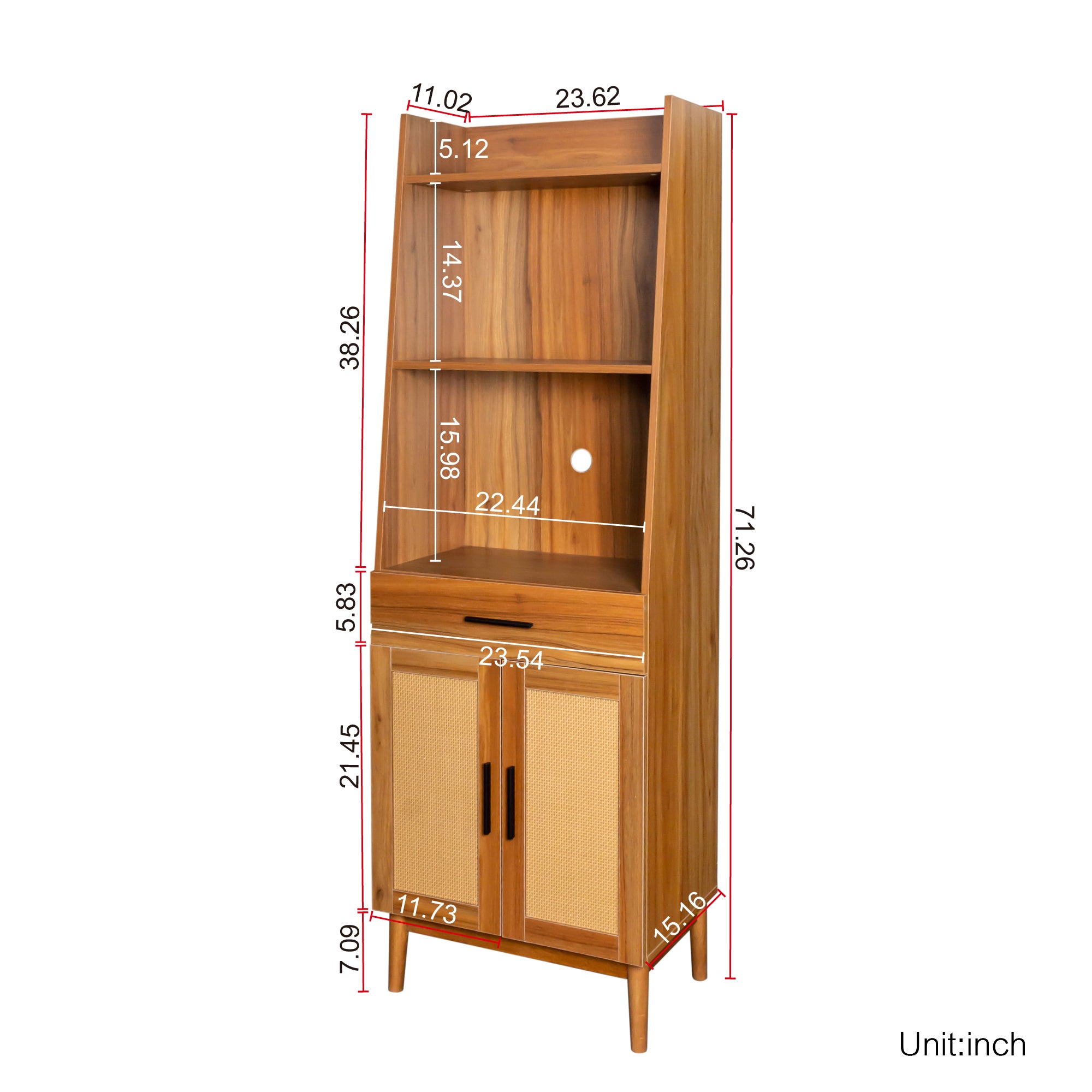 Wood Bookshelf Display Case with Drawer and Open Storage Shelves