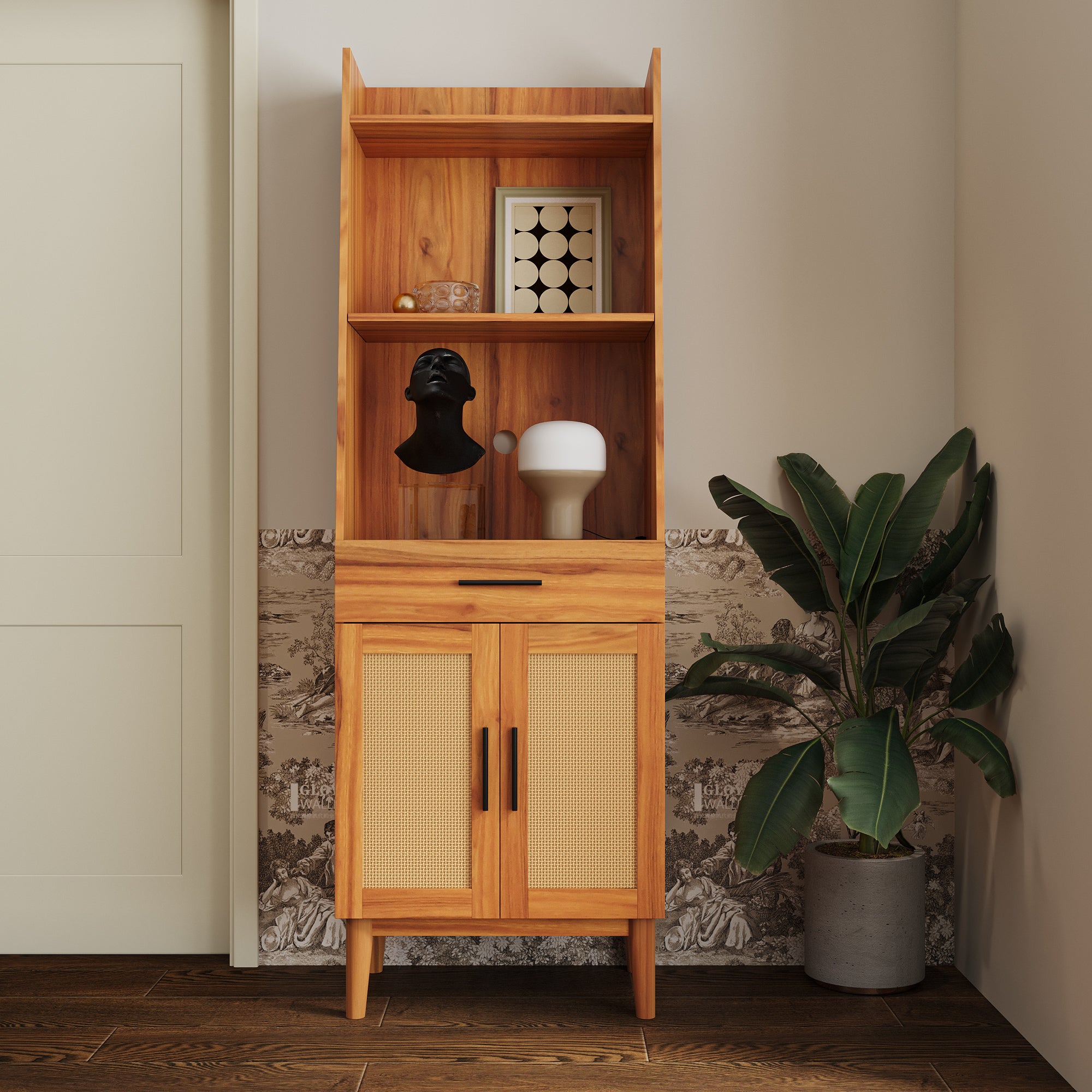 Wood Bookshelf Display Case with Drawer and Open Storage Shelves