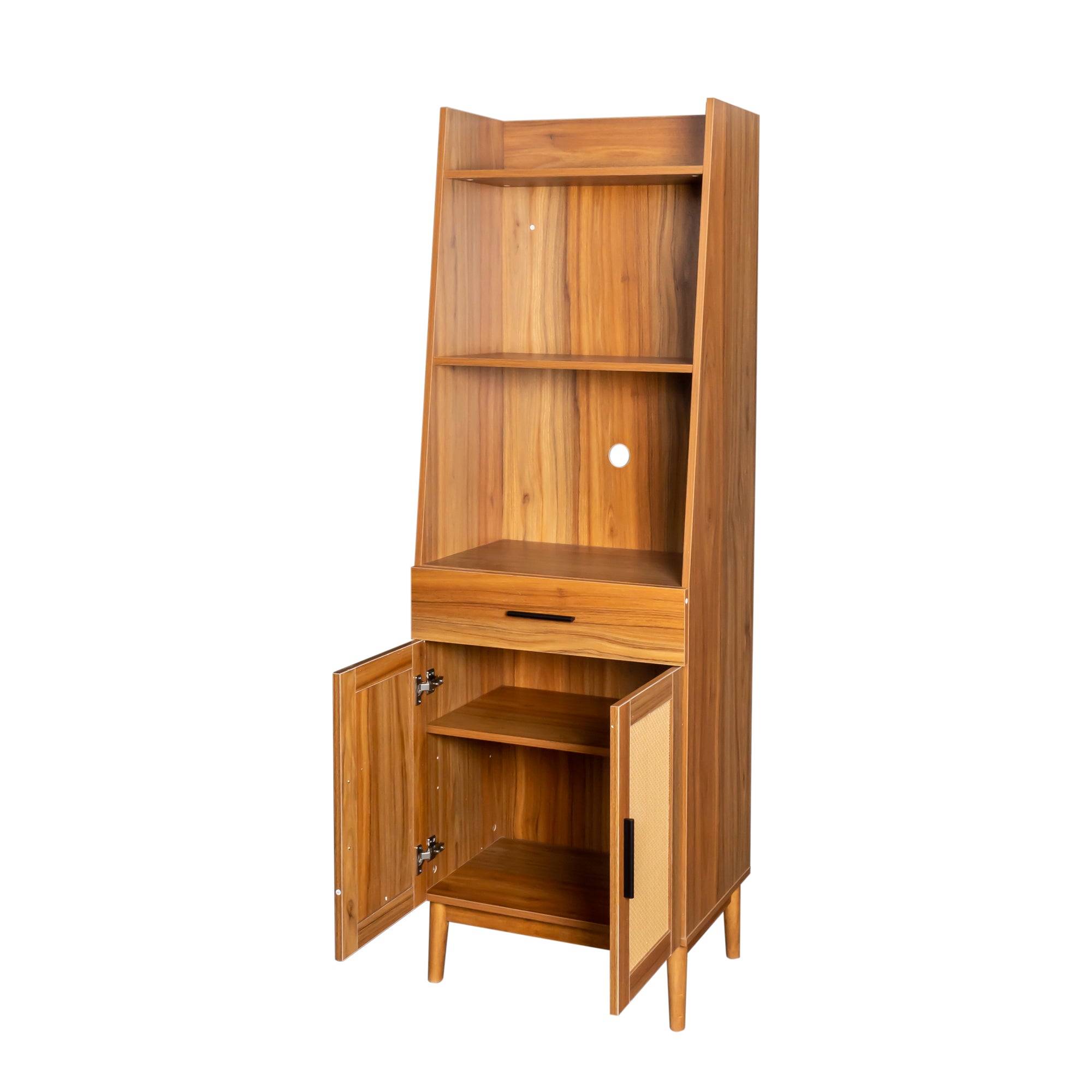 Wood Bookshelf Display Case with Drawer and Open Storage Shelves