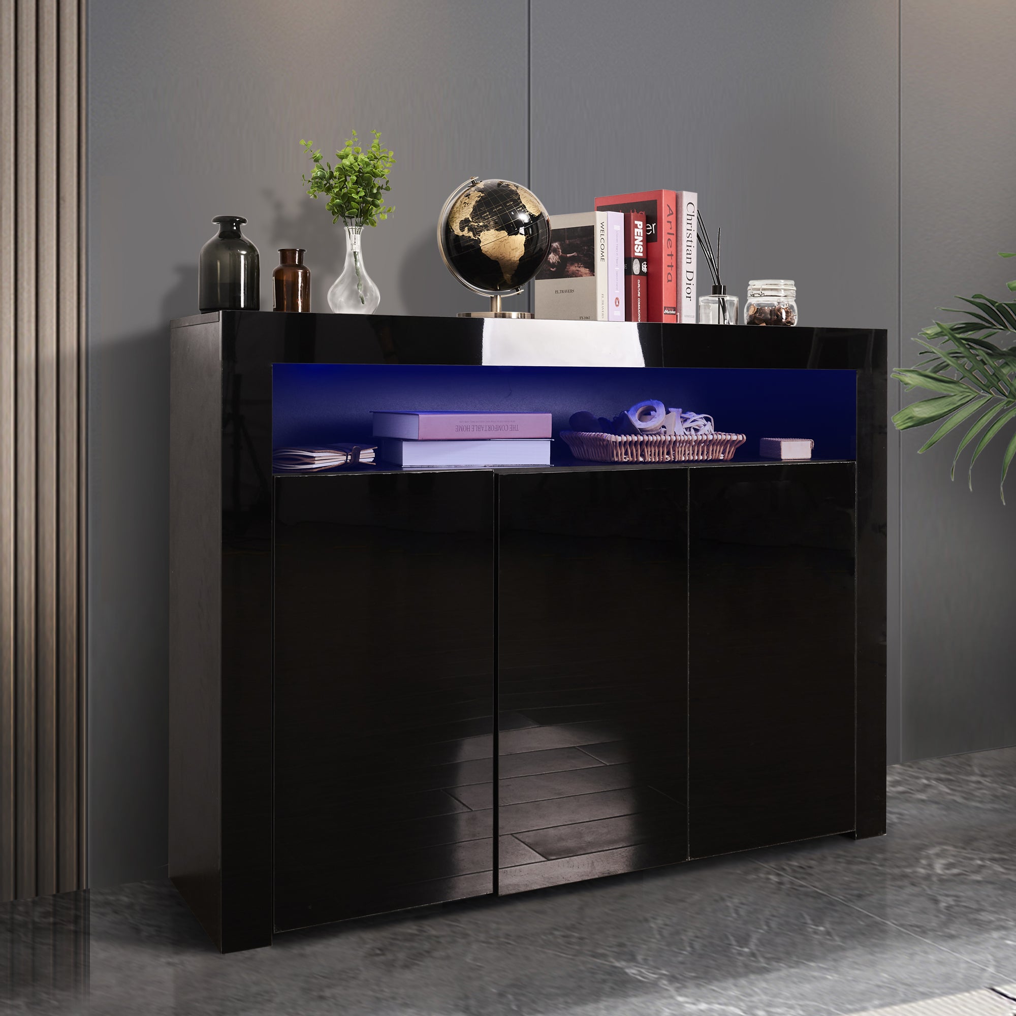 38" Tall Wood 3-door Storage Cabinet with LED Light