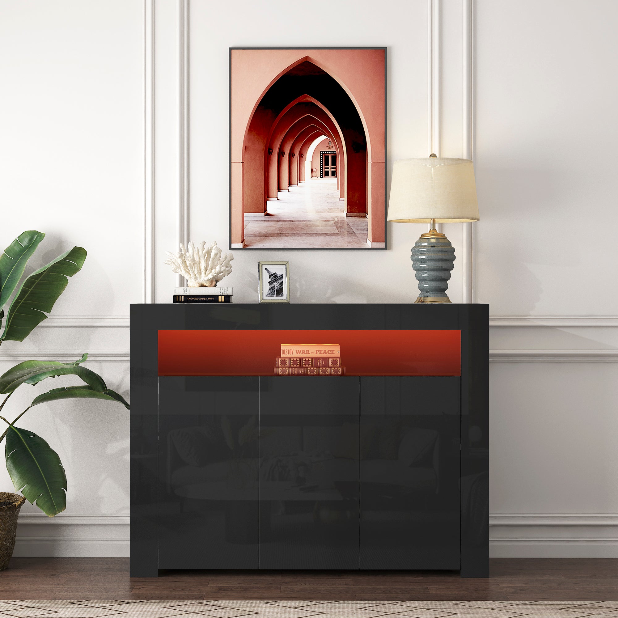 38" Tall Wood 3-door Storage Cabinet with LED Light